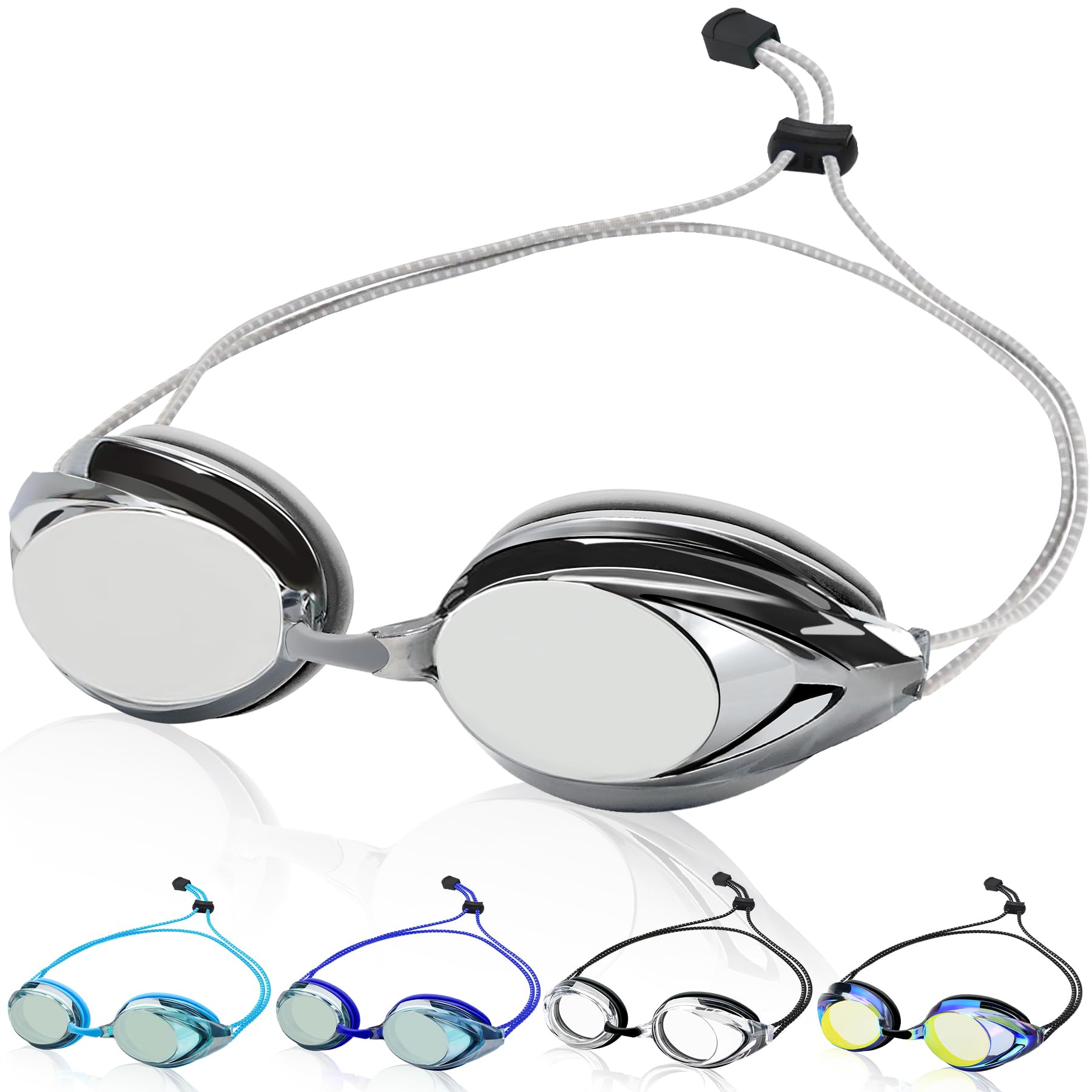 Swim Goggles for Adult Men Women Youth, Bungee Strap Swimming Goggles No Hair Pulling Mirrored/Clear Lens Goggles