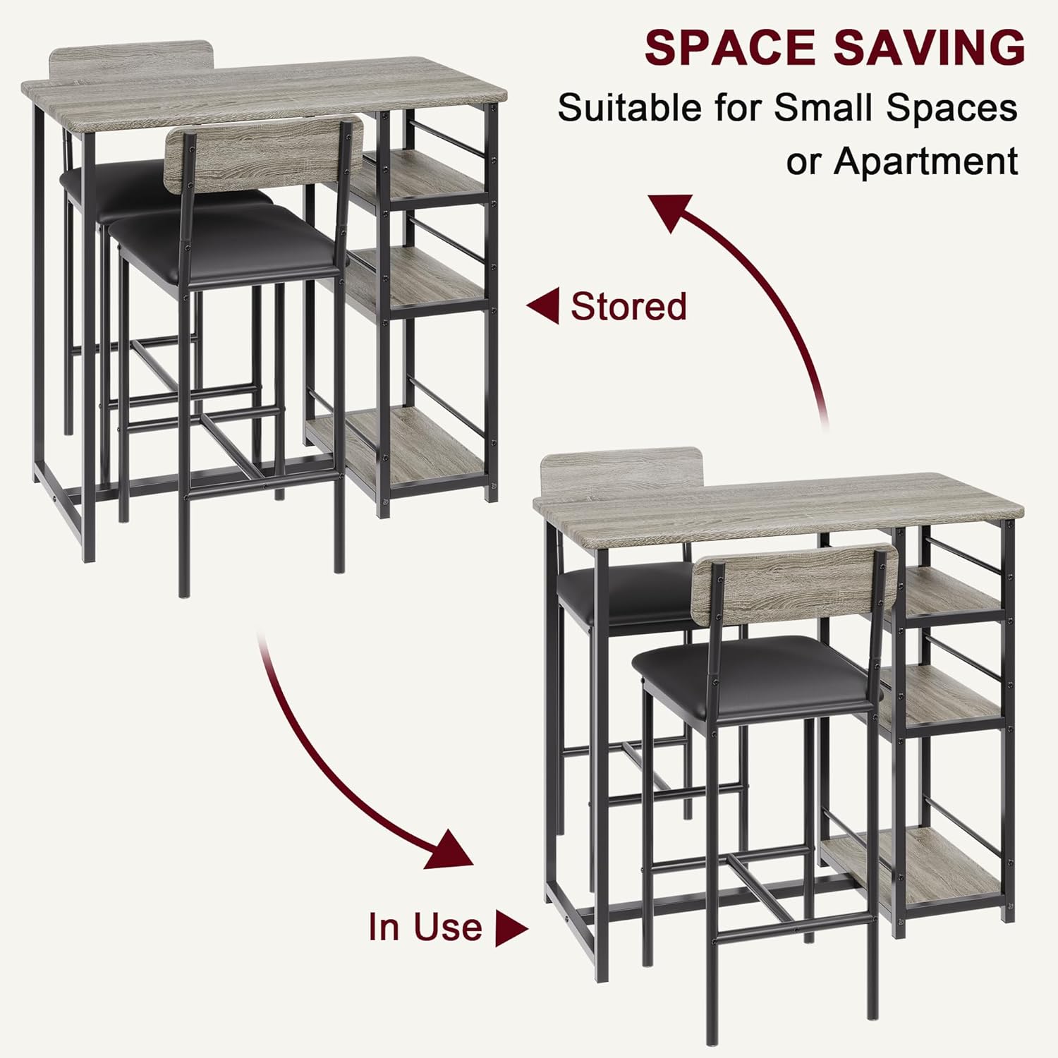 3-Piece Small Bar Table and Chairs Set for 2,Small Dining Table with 2 PU Cushioned Stools,3 Storage Shelves, Space Saving Kitchen Table Set for Breakfast Nook, Apartment, Bistro,Gray.