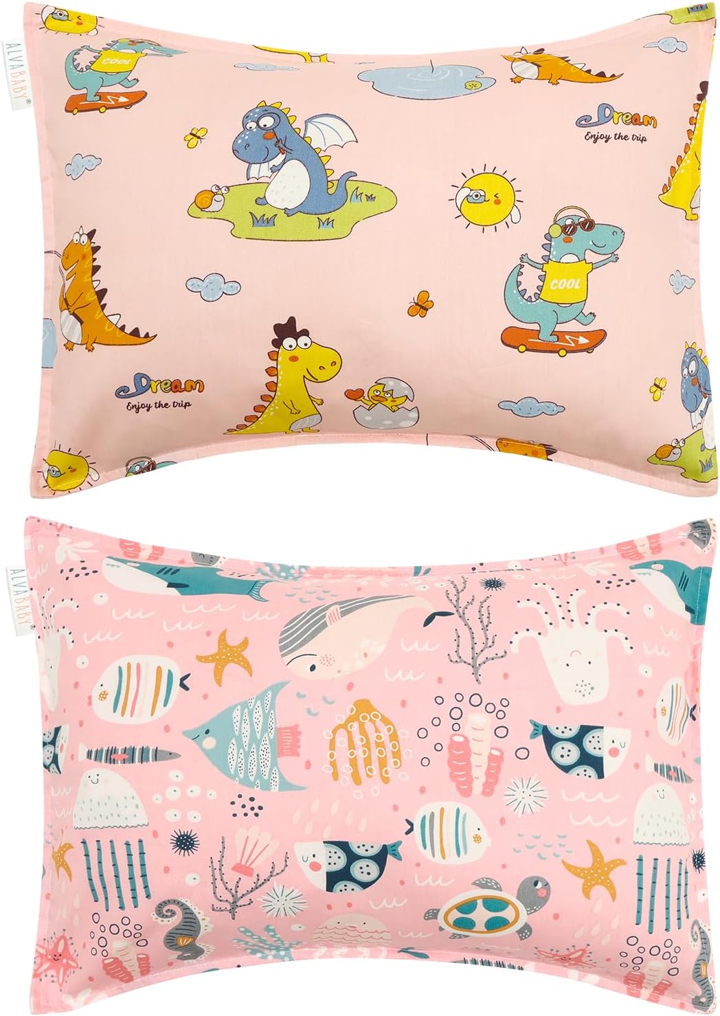 ALVABABY Toddler Pillowcases 2 Pack Organic Cotton Kids Pillow Cover Fit 13"x 18" or 14"x19" Envelope for Girl Travel Pink Unicorn Dinosaur
