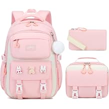 DIGOBAY 3PCS Girls Backpack for School, Kids Backpack for Girls with Lunch Box Pencil Case Set for Teen Girl Elementary Primary Middle High College School Bookbag with Cute Pins Pink