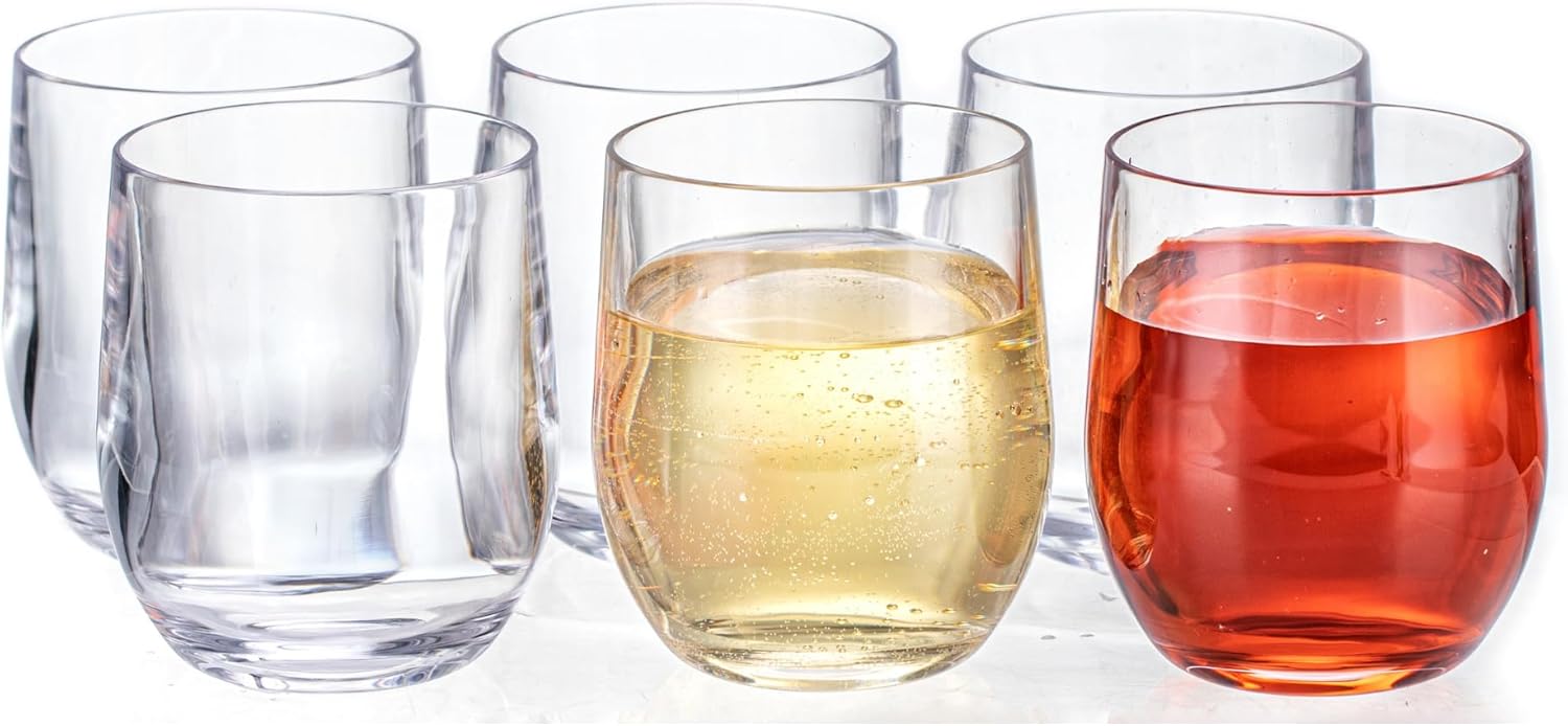 14oz Clear Thick Stemless Wines Cups (Set of 6), Shatter-Proof Acrylic Old-fashioned Glasses, Reusable Plastic Bar Glasses, BPA-Free, Dishwasher-Safe