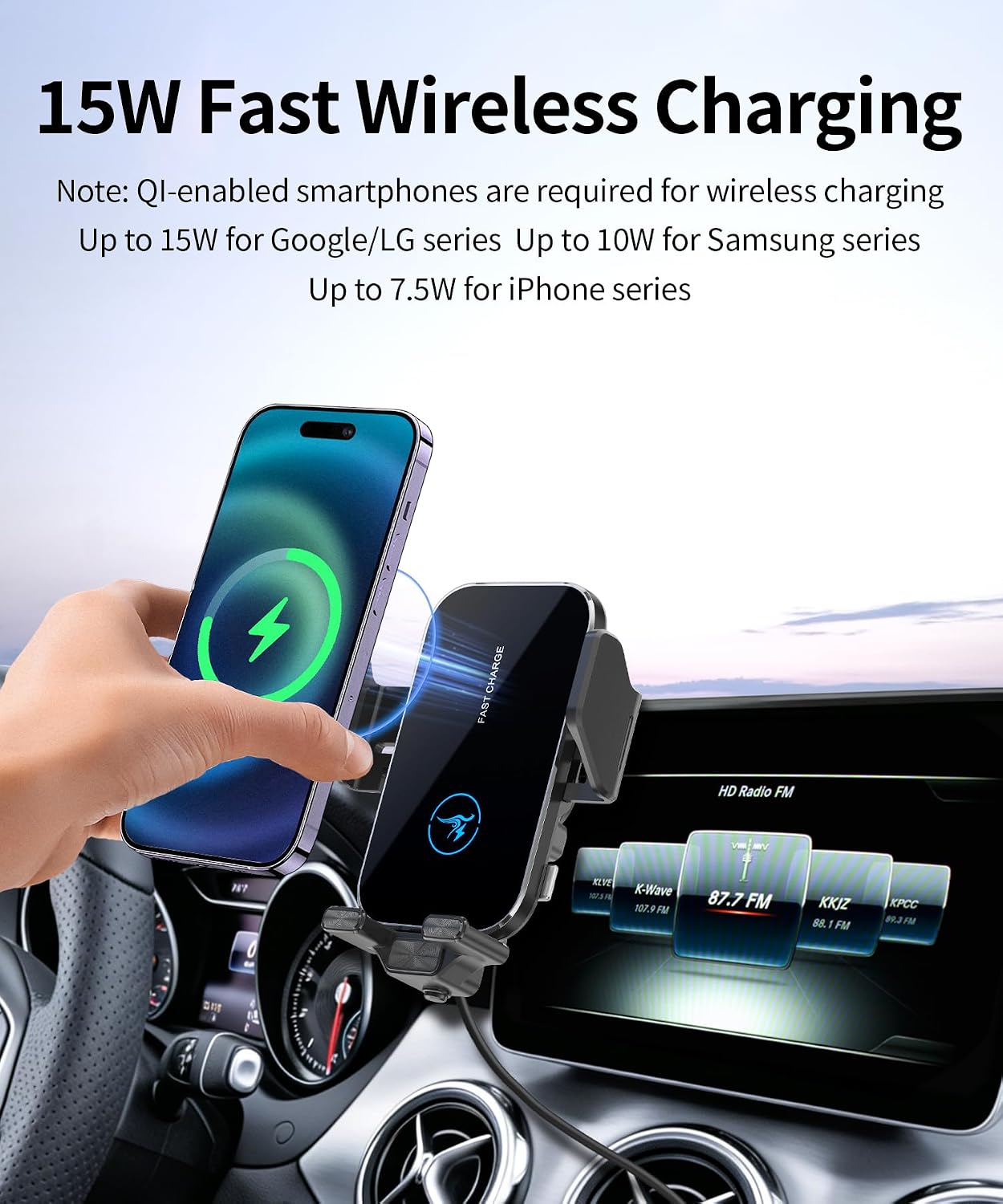 15W Wireless Fast Charger for Mercedes Benz CLA 2015-2019/GLA 2016-2020/A-Class 2017-2019 Accessories 7/8 inch Screen Fixed Clip, Interior Decoration Mobile Phone Mount