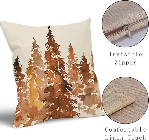 Miniatura 4 de Juego de 2 fundas de almohada de árbol de otoño de 18 x 18 pulgadas, decoración rústica de otoño, color naranja quemado, acuarela, bosque, almohadas