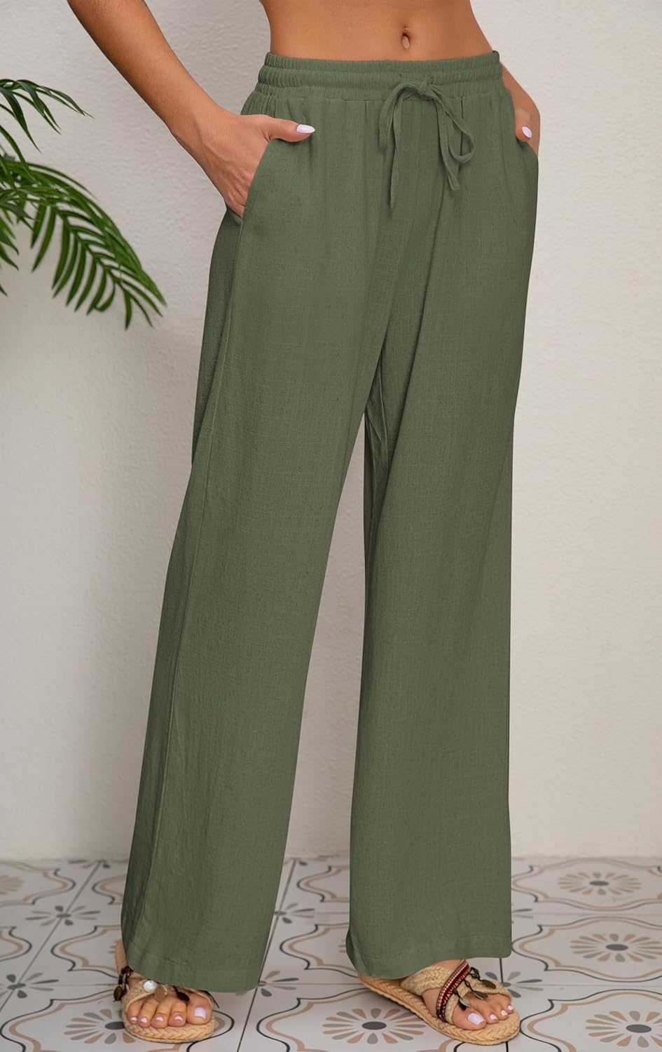 AISEW Women's Cotton Linen Palazzo Pants Drawstring Elastic Waist Casual Wide Leg Long Lounge Trousers with Pockets - Image 3
