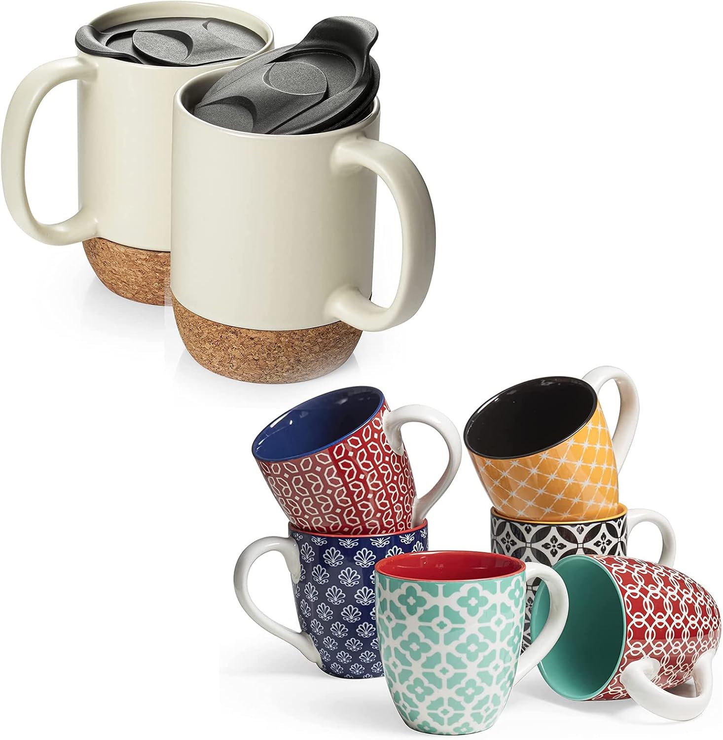 DOWAN Coffee Mugs Set of 6, Large Porcelain Mugs 16 oz for Coffee Tea and Cocoa, Vibrant Colors