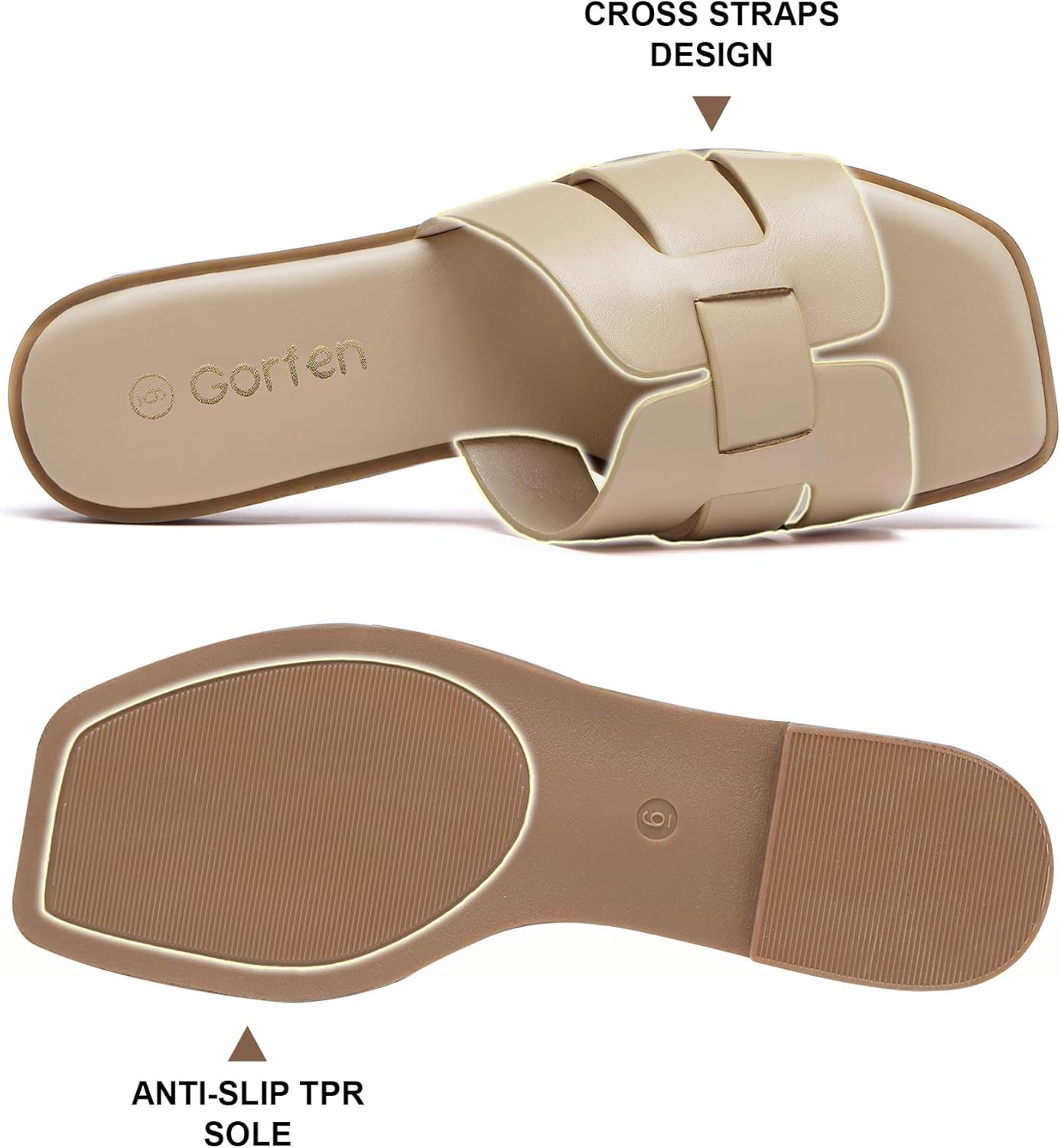 Women's Flat Sandals Dressy Comfortable Square Open Toe Slip On Leather Slide Sandals - Image 7