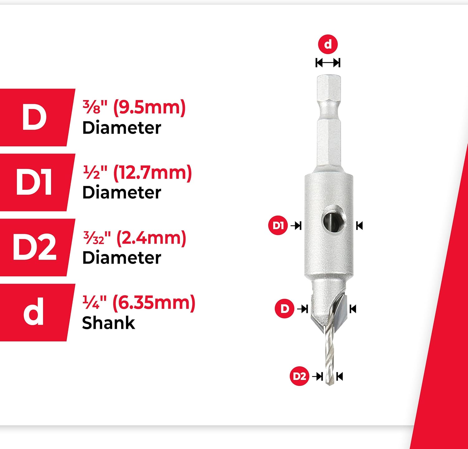Amana Tool Carbide Tipped 82 Degree Countersink Drill Bit, 55271, 3/8 Dia x 3/32 Drill D x 1/4 Inch Quick Release Hex Shank for Tool 55225