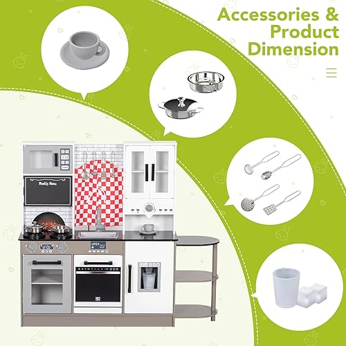 Vista 6 de Play Kitchen Set for Kids, Wooden Toddler Kitchen Playset w/Curtains, Coffee Maker, Stove,Sink, Utensils, Light & Sound, Kids Pretend Play Kitchen