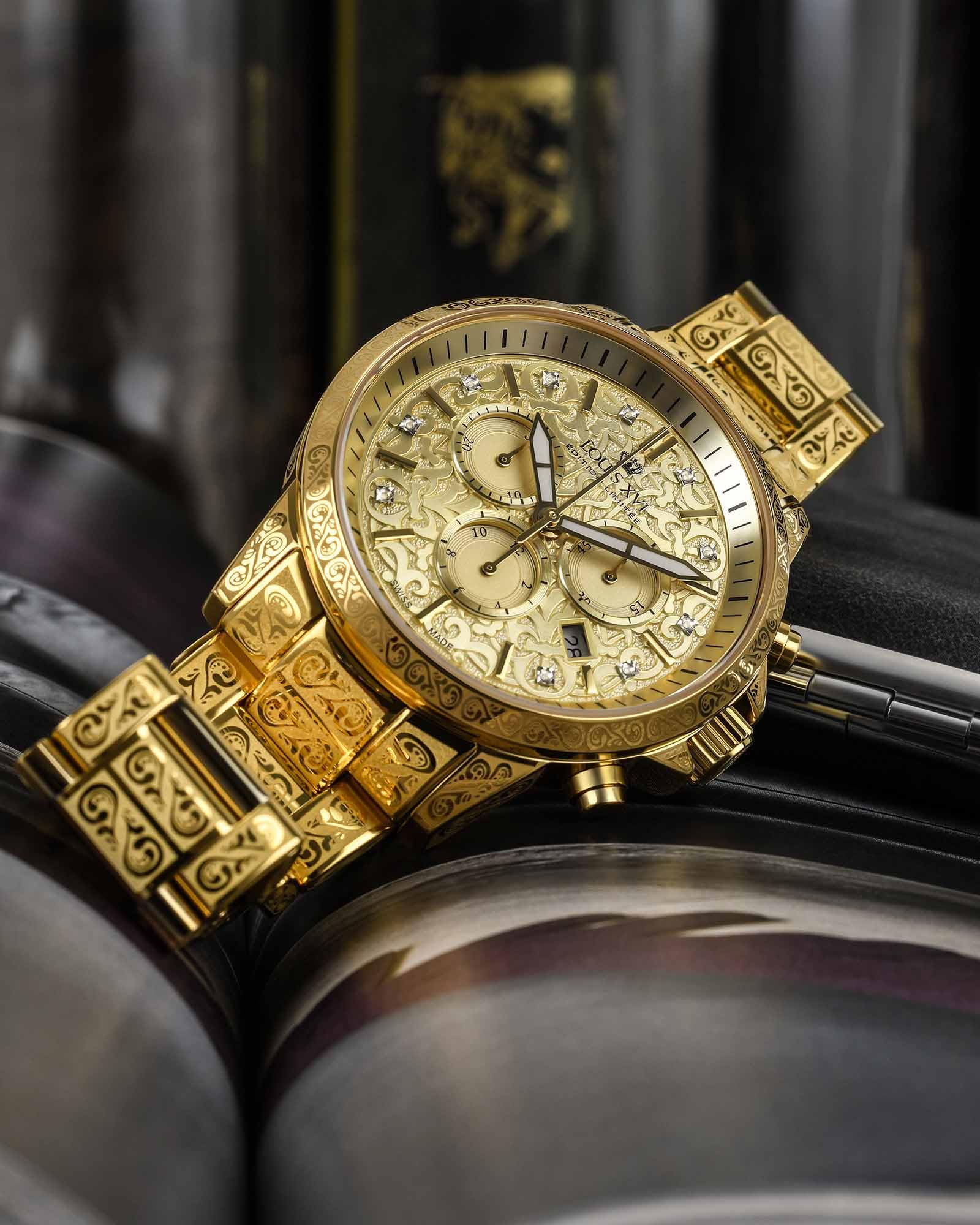 LOUIS XVI Palais Royale 2.0 1801 - Ø 43 mm - Herren Uhr - Wasserdicht - Uhr Vergoldet - Armband Gold - Zifferblatt Gold mit Diamanten - Schweizer Quarzwerk
