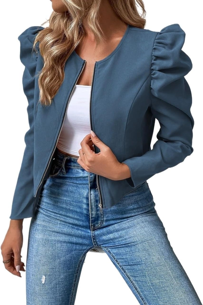 Women's Trench Coat Casual Round Neck Puff Sleeve Zipper Up Long Sleeve Jacket Classic Overcoat