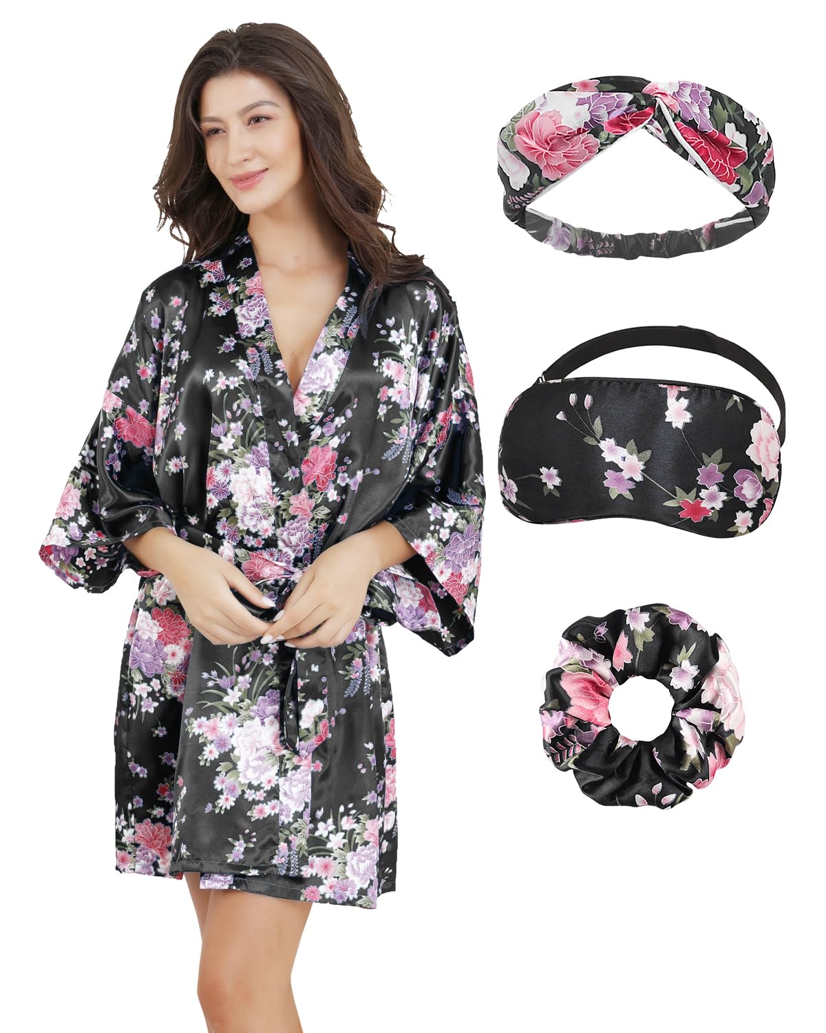 EPLAZA Kimono de satén para mujer, bata corta con flores, ropa de dormir ligera para damas de honor y novia con fiesta de boda nupcial