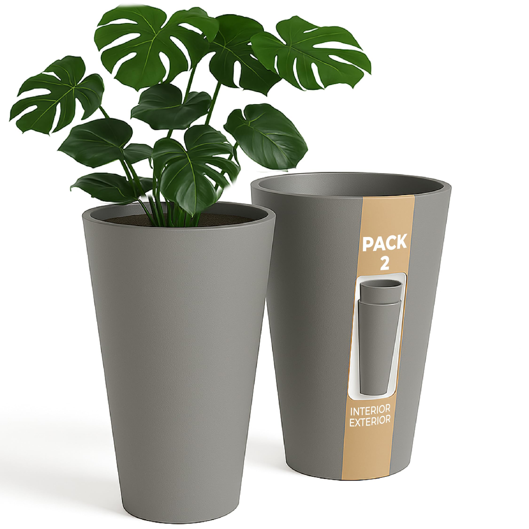 ActivoTex Maceteros Altos Interior. Macetero Grande Interior Maceta Alta Exterior y Terraza. 30 cm (2 uds) Macetero Decorativo de Plastico Jardinera Alta Maceteros Largos y Estrechos (Topo, Pack 2)