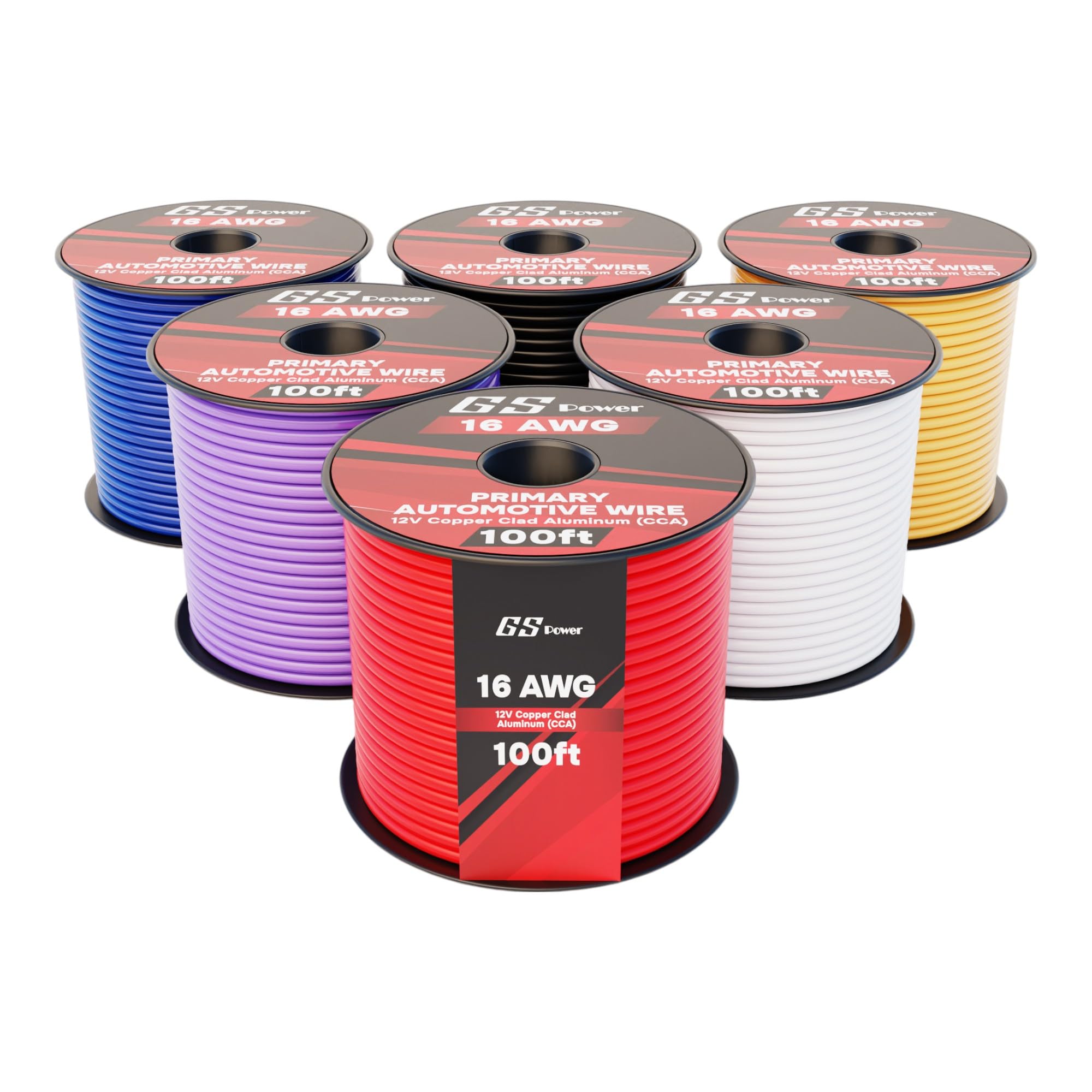 GS Power 600ft CCA 16 Gauge Wire Automotive, 100ft Spool-6 Colors, 16 AWG 12v Low Voltage, Speaker Electrical Wire Low Voltage Primary for Car Stereo