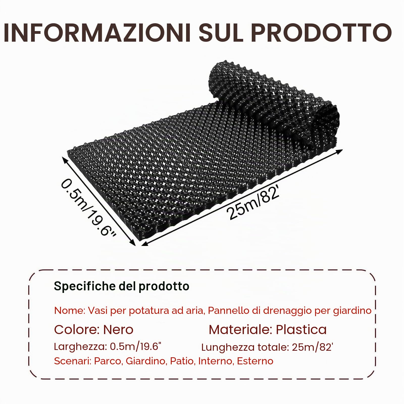 Hoja de drenaje de jardín con agujeros de 0,5 x 25 m, membrana para almacenamiento de agua y drenaje, ideal para plantas en maceta, patios y techos de jardín (tamaño: 70 cm x 25 m)