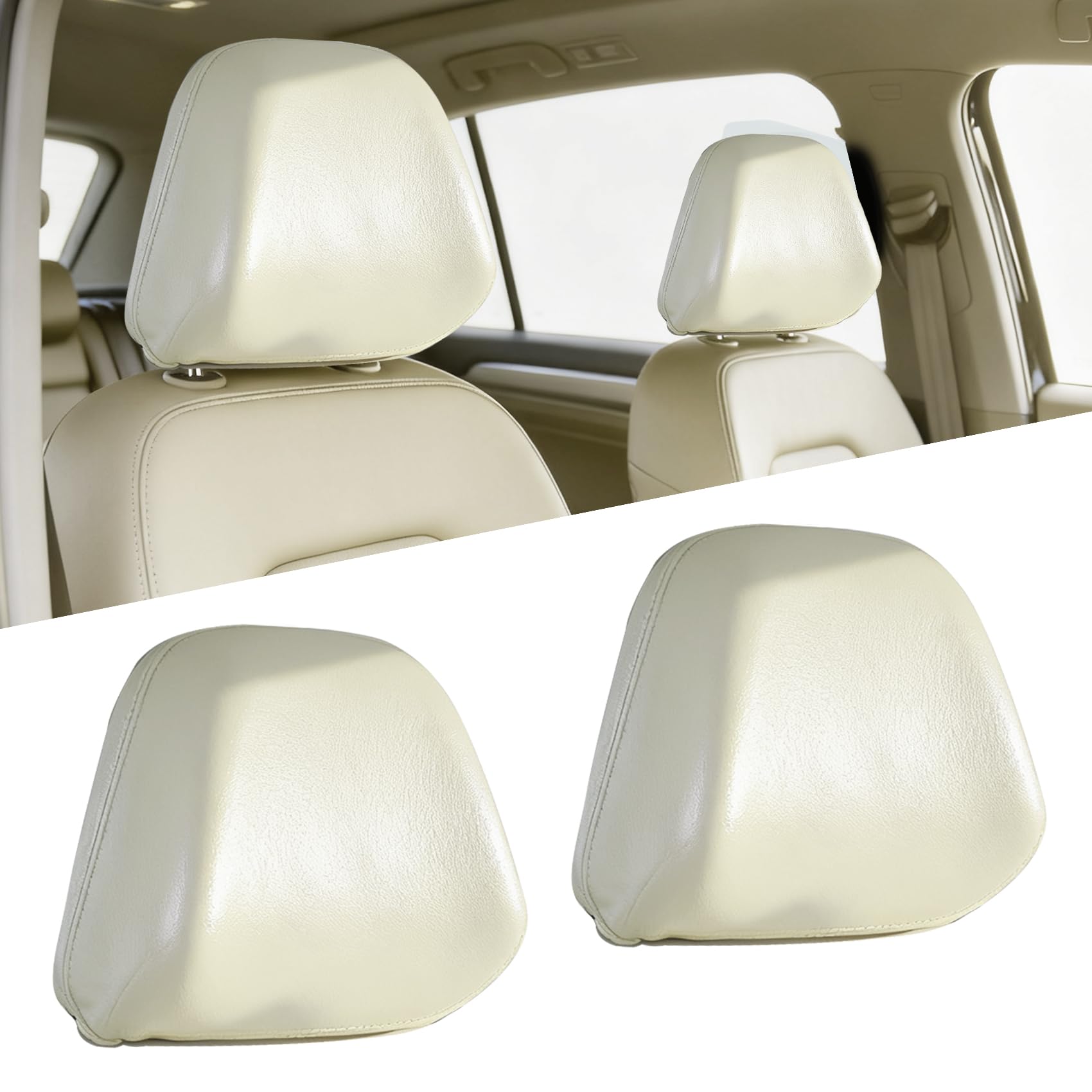 Surosha 2PCS Car Seat Headrest Cover, Car Full Wrap Head Rest Cover Protector, M Size Waterproof PU Flexible Head Rest Dust Cover, Portable Reusable Protective Covers for Most Cars (Beige, M)