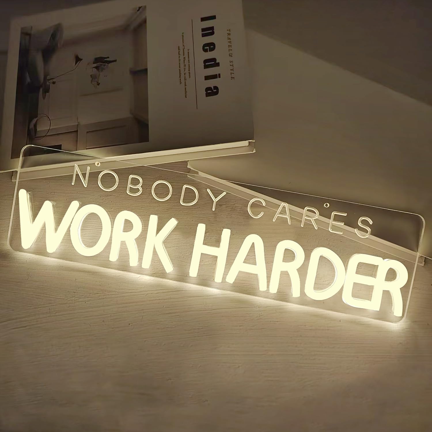 Jeachrl - Insegna al neon con scritta "Nobody Cares Work Harder", per palestra, palestra, camera da letto, club, luce al neon a LED bianca, per gli appassionati di fitness, palestra, casa, palestra