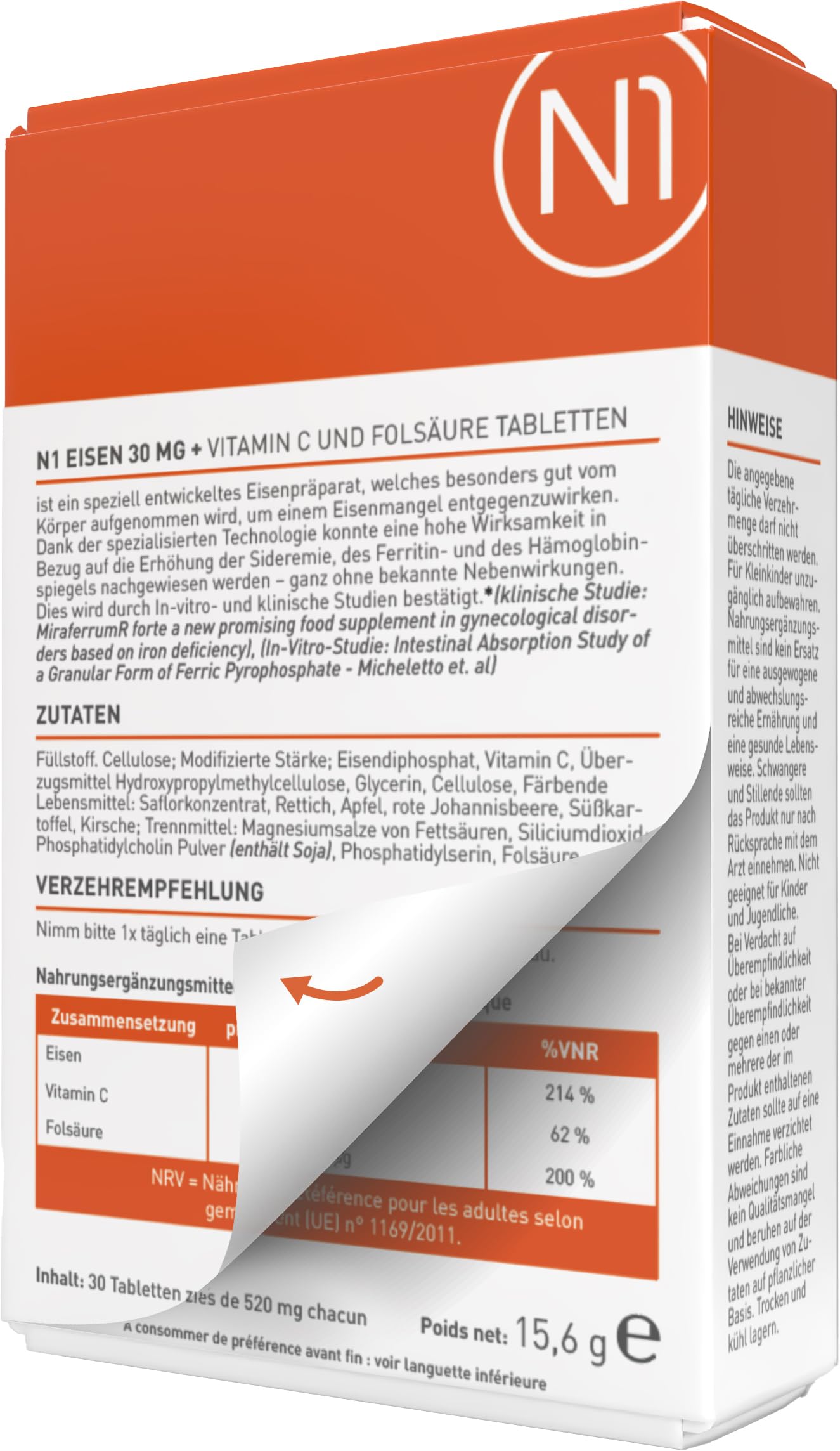 N1 Hierro 30 mg + tabletas de vitamina C y ácido fólico – Alta biodisponibilidad – 90 comprimidos – Alta dosis – Sistema inmunológico – Metabolismo energético