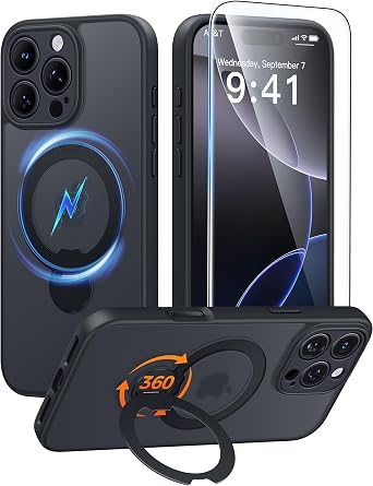FNTCASE for iPhone 16 Pro-Max Case [360 Spin Magnetic Stand] [Compatible with Magsafe] [Screen Protector] Translucent Matte Military Grade Shockproof Full Camera Protective Phone Cover - Black