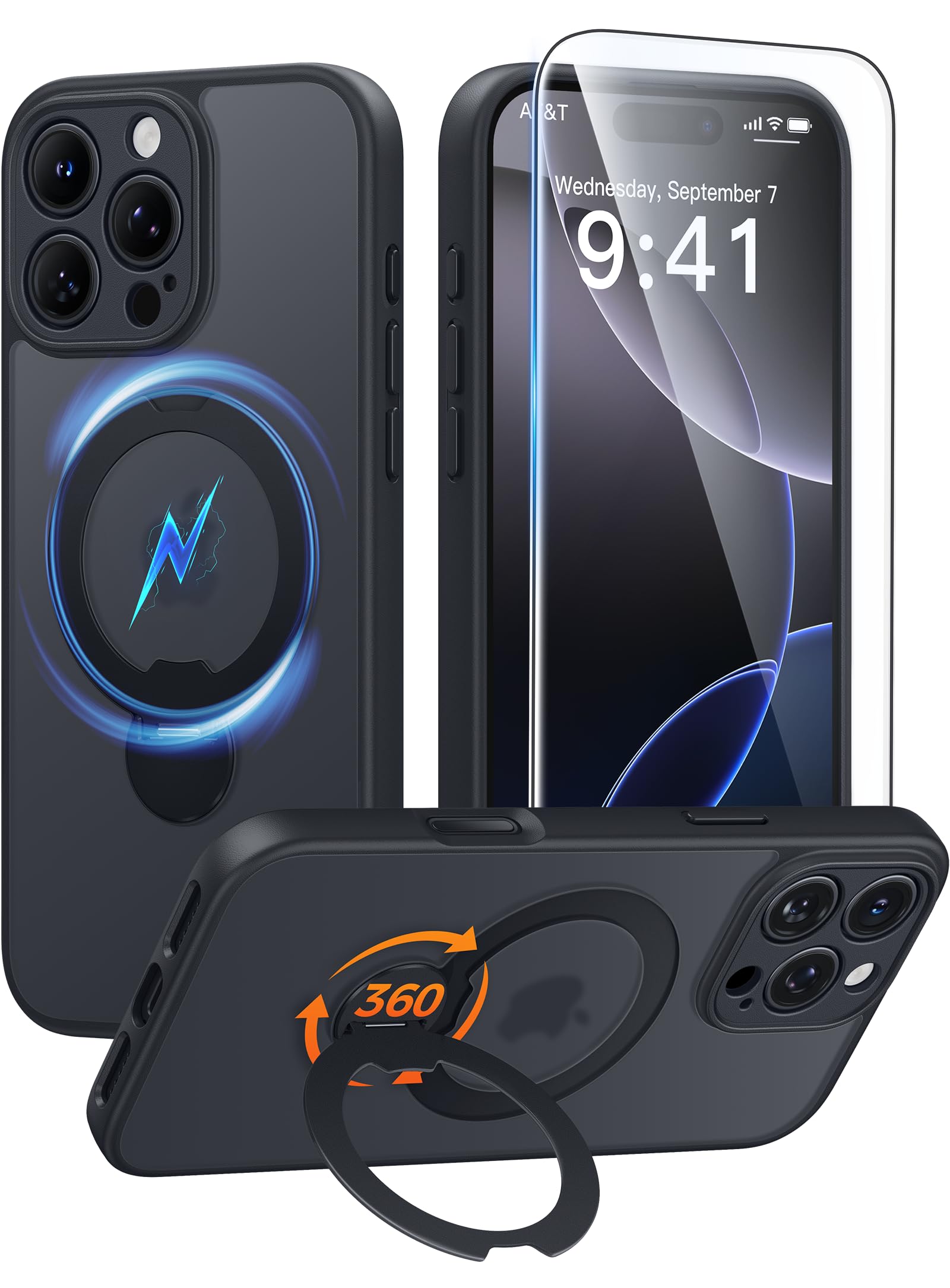 Photo 1 of FNTCASE for iPhone 16 Pro-Max Case: [360 Spin Magnetic Stand] [Compatible with Magsafe] [Screen Protector] Translucent Matte Military Grade Shockproof Full Camera Protective Phone Cover - Black