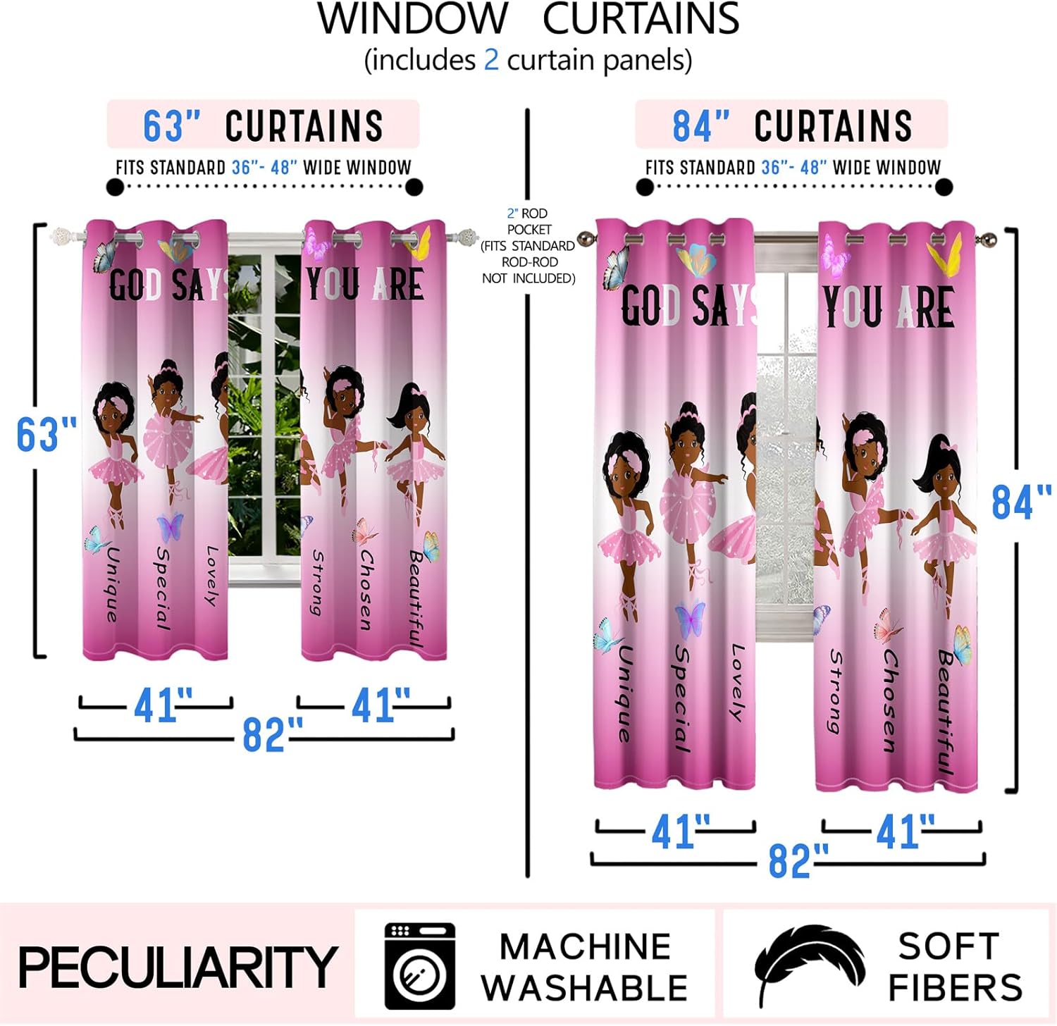 BATATADOCE African American Black Girl Curtains for Girls Bedroom Princess Curtains for Little Girls Room Ballerina Room Decor for Girls Bedroom,82 in X 84 in,2 Window Curtains Panels,Pink