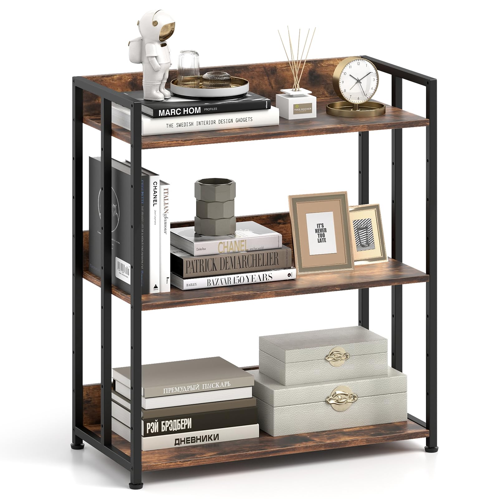 SILKYDRY 3-Tier Bookshelf, Small Bookcase with Metal Frame & Wooden Display Racks, Industrial DIY Shelving Unit with Adjustable Shelves, 32” Tall