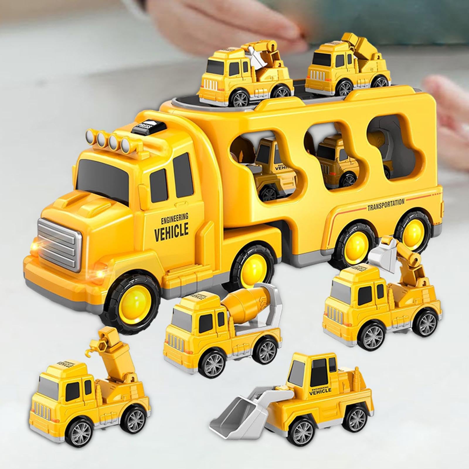 Qianly 7 Stück Feuerwehrauto Spielzeug Set Mini Friktionsfahrzeuge Transporter mit Licht Musik Notfallauto Trägerwagen Diecast Modellautos für Geschenk Kinde, Gelb