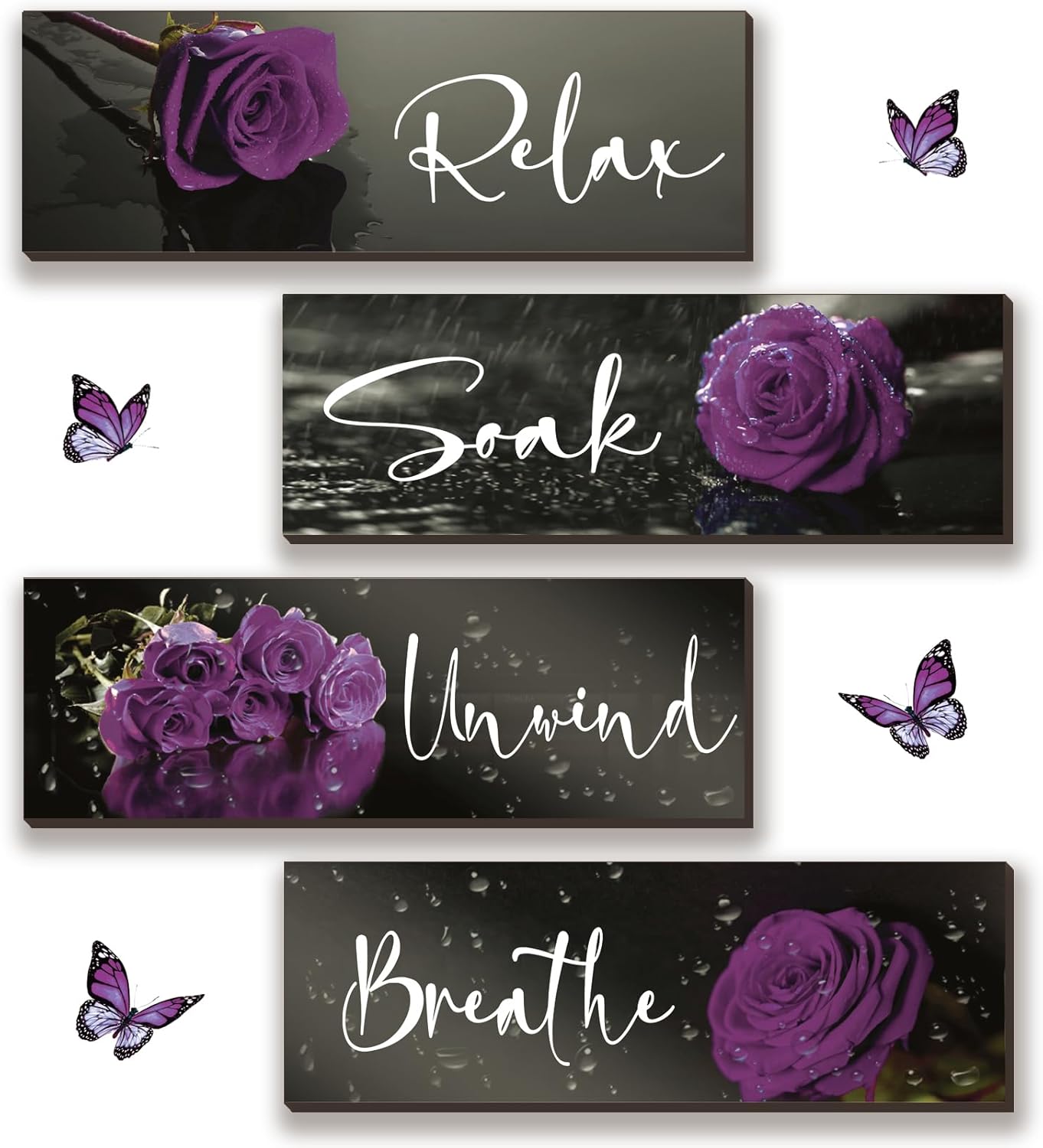 4 Pieces Purple Bathroom Wall Decor Purple Rose Wall Decor