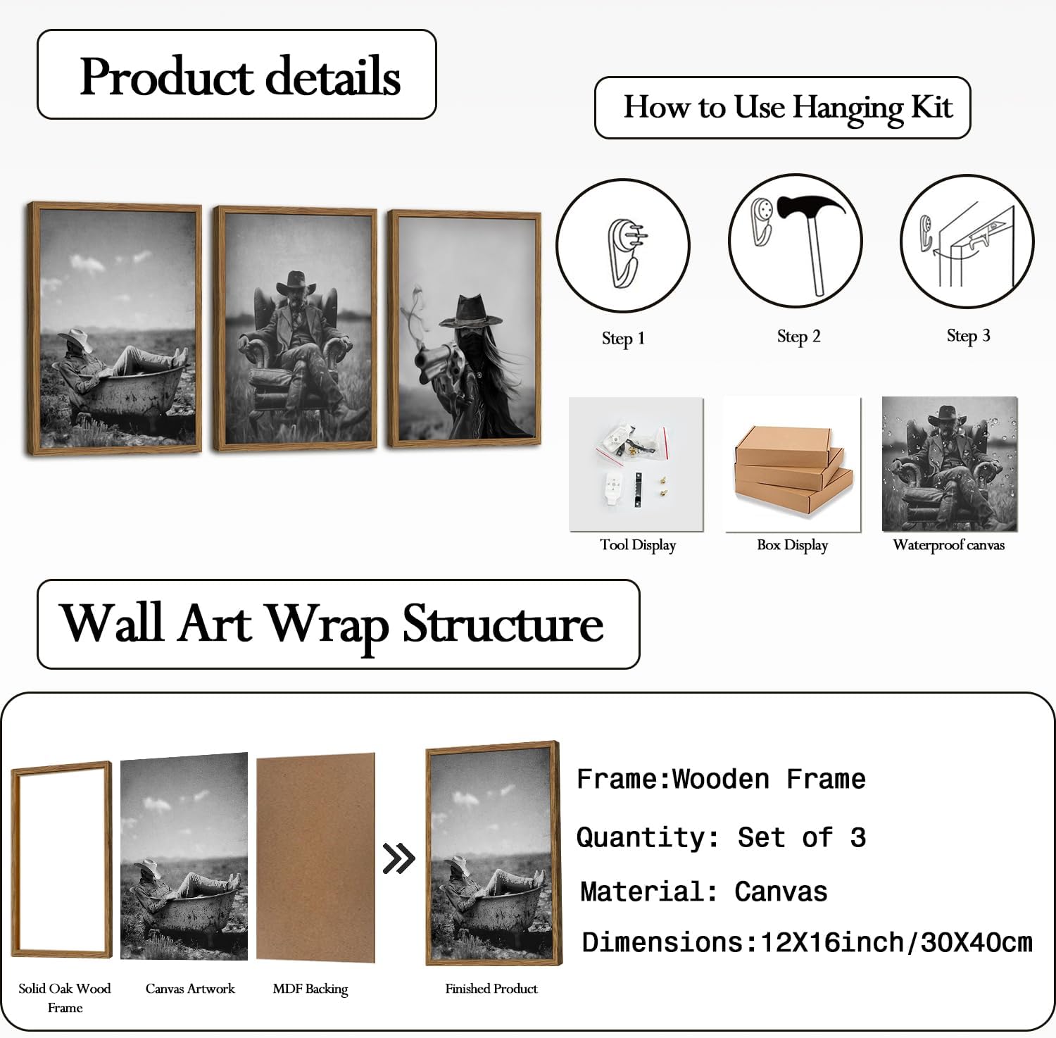 Vintage Black and White Western Cowboy Wall Art Set of 3, Retro Southwestern Wall Decor, Desert Southwest Canvas Painting Prints for Living Room Bedroom Bathroom 12x16 inch Wood Framed