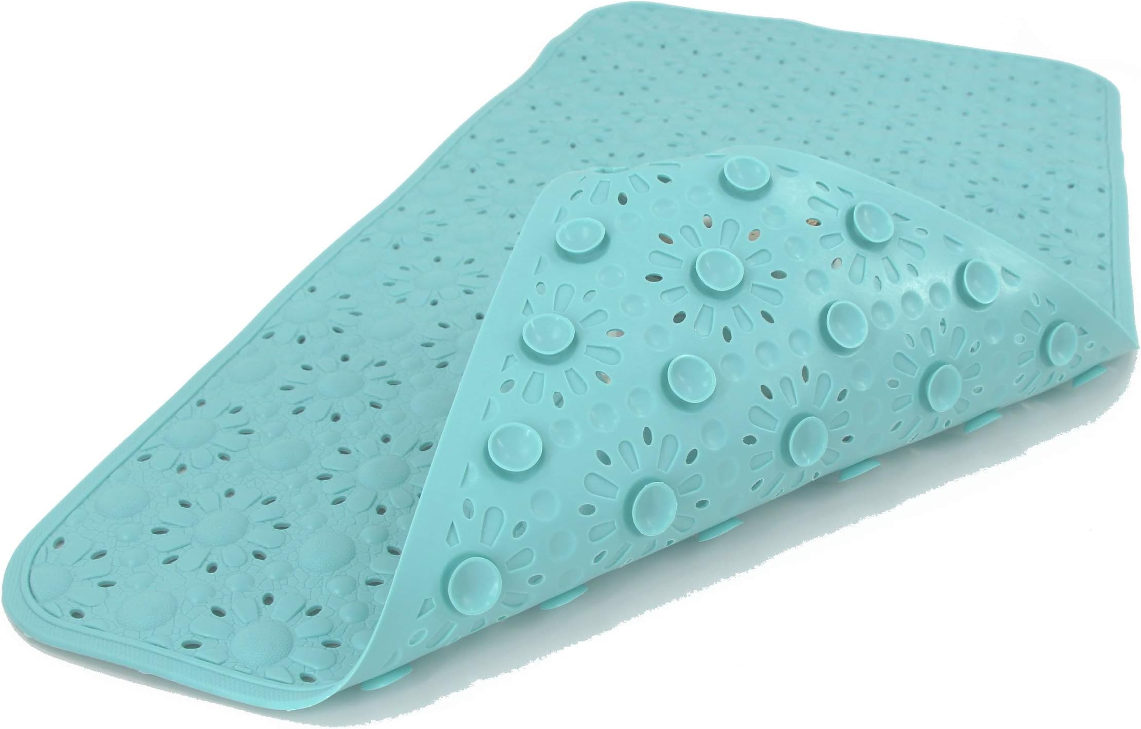 SAFELAND Patented Non-Slip Bath, Shower, Tub Mat, 30x16 Inch, TPR Material, Eco-Friendly, Non-PVC, Machine Washable, Extra-Soft, with Powerful Gripping Suction Cups, Drain Holes, Floral– Aqua