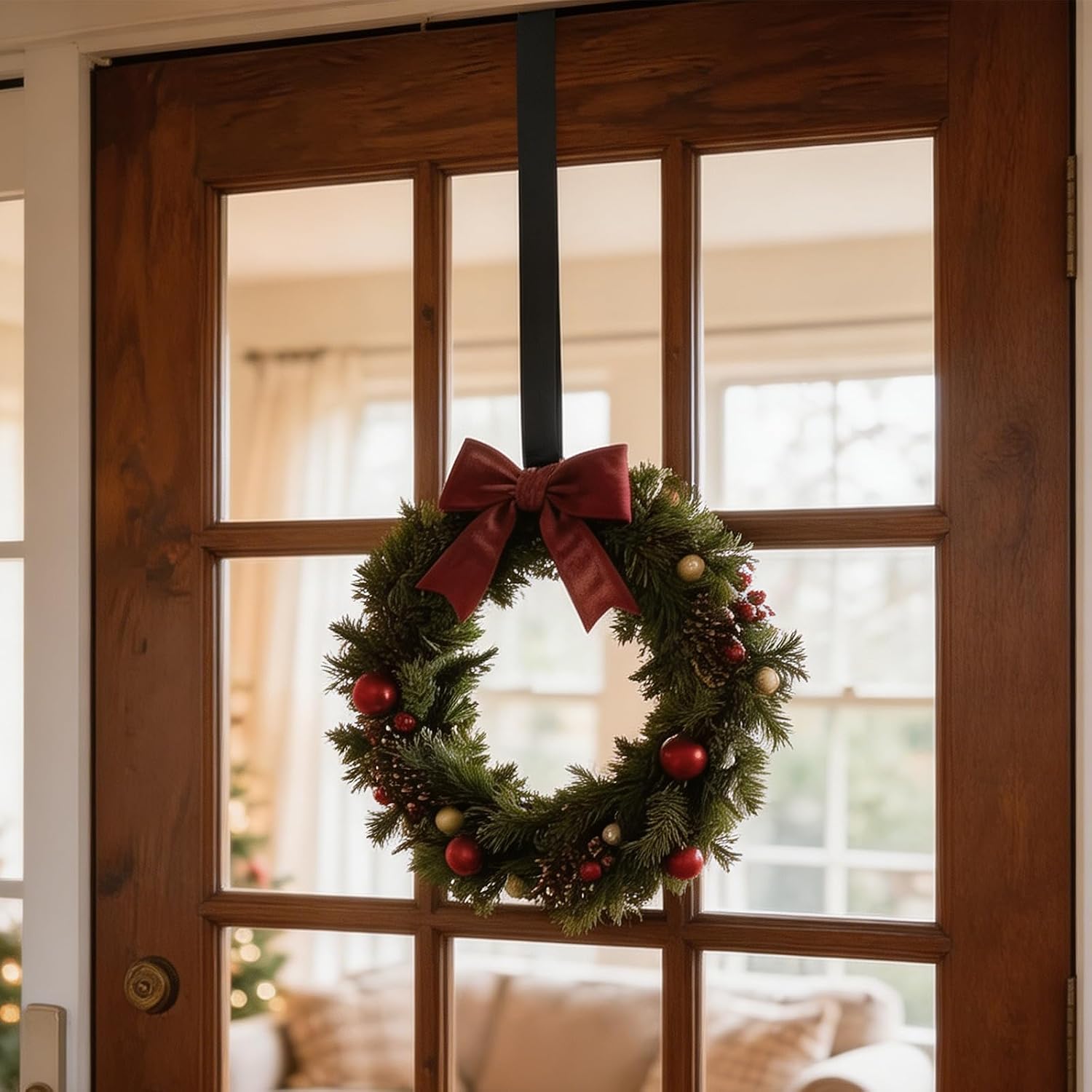 15 Inch Wreath Hanger for Front Door, Sturdy Steel Over The Door Wreath Hanger, Black Door Wreath Hook for Holiday Decorations, Heavy Duty Wreath Hanger for Christmas Halloween Thanksgiving