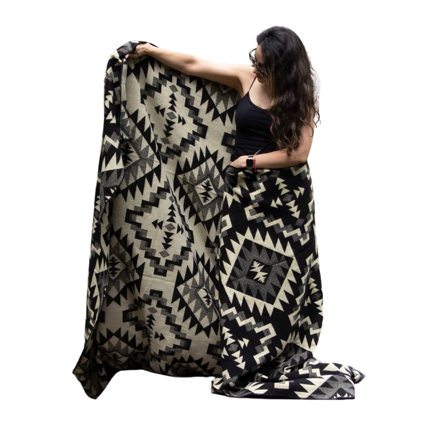 Tommy Lion Alpaka Wolldecke - Decke aus Alpaca und Merinowolle - Hypoallergen, weich, leicht, handgewebt 228cm x 203cm. Türkisfarbene Töne Natürliche Schwarz- und Weißtöne (Azteca)