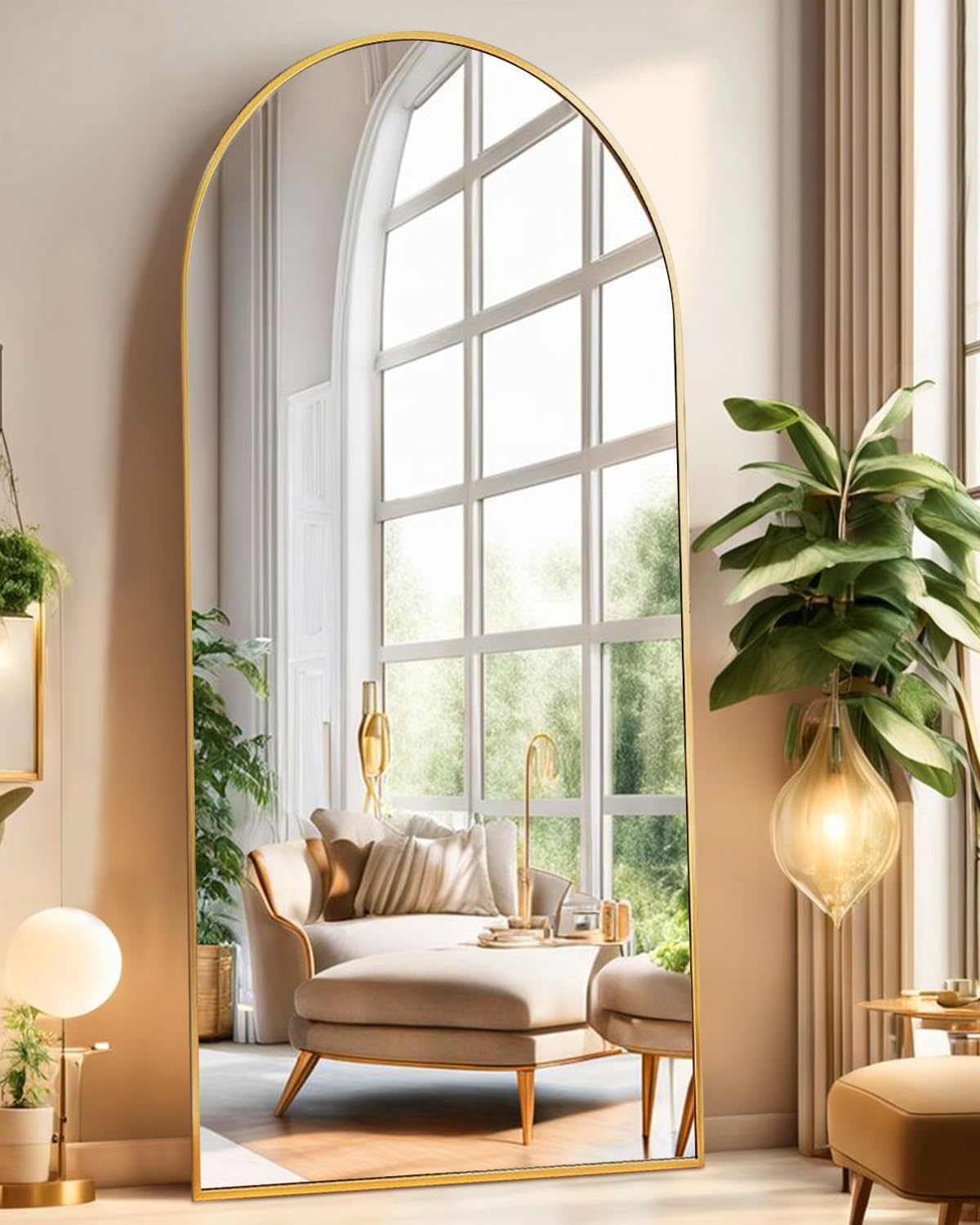 Arched Full Length Mirror, 150x70cm Floor Mirror, HD Glass Mirror Full Length with Stand, Floor Mirror Freestanding, Wall Mounted Mirror for Bedroom Living Room (Gold, 150x70cm (59"x27.6"))