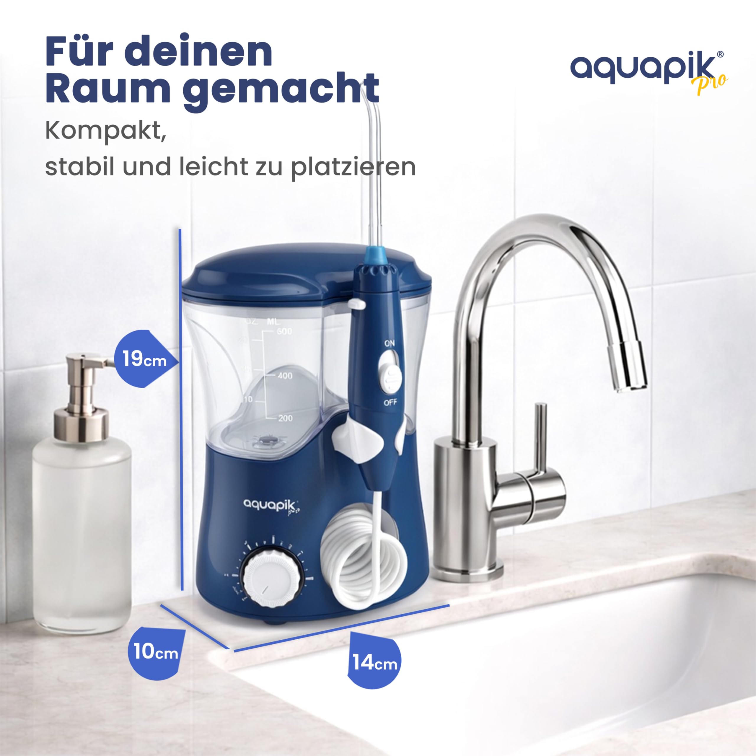 Aquapik PRO Munddusche 600 ml 10 Druckstufen 8 Aufsätze mit Precision Pulse.