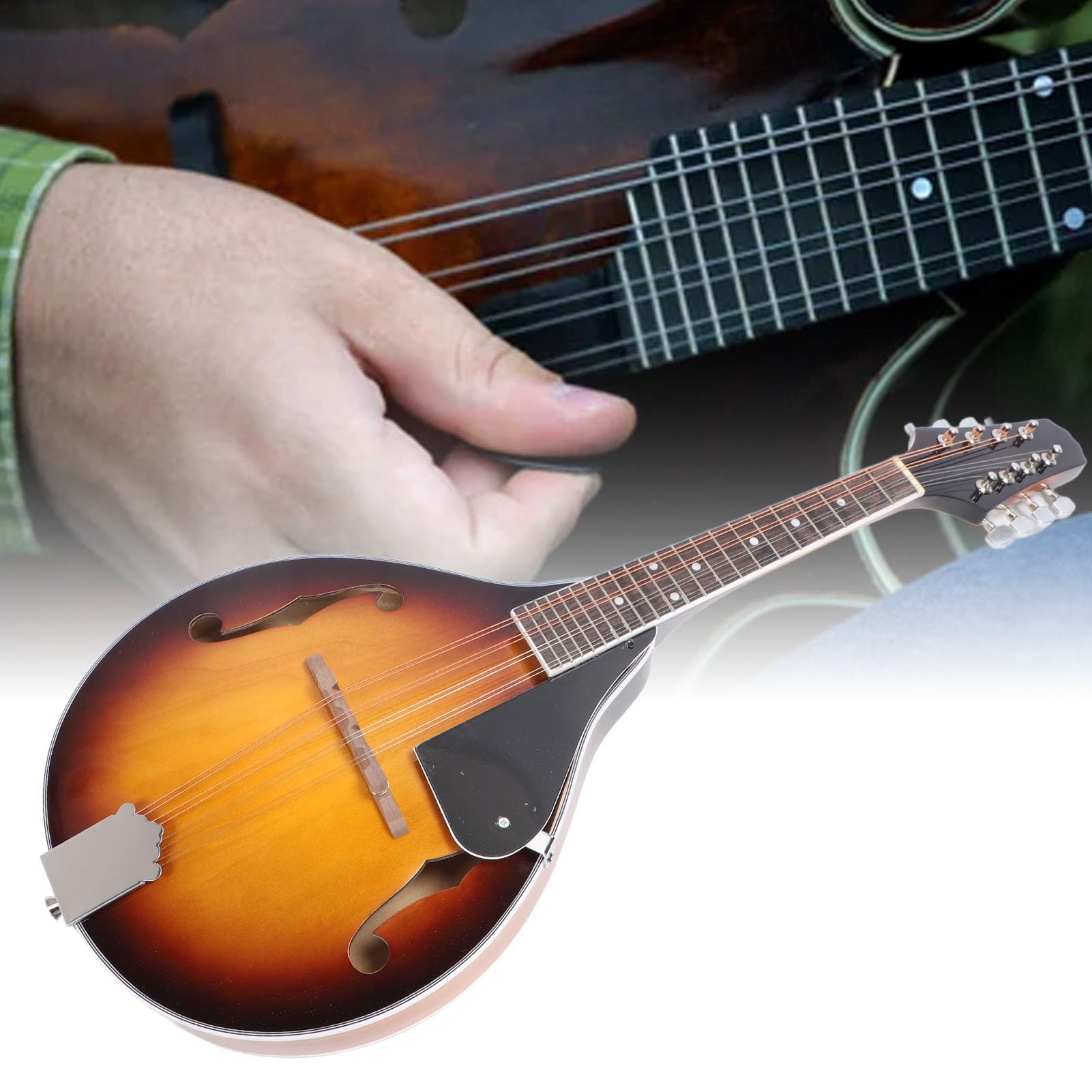 Mandolina Estilo A, Mandolina Acústica Sunburst con Cuerpo de Palisandro de Tilo, Traste Suave de Cuello Ergonómico, para Principiantes Diestros, con Púas de Bolsa, Paño de