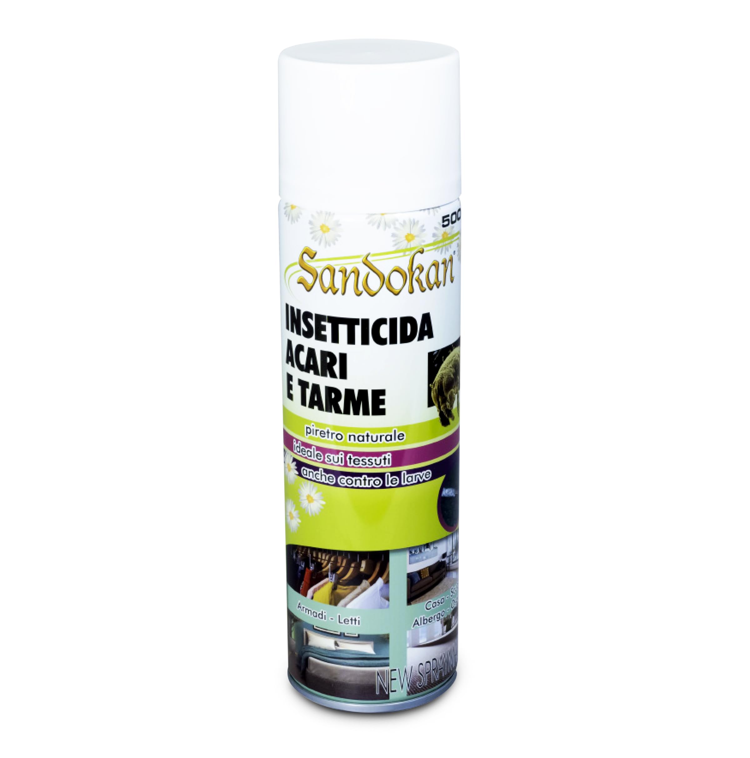 Sandokan, Insetticida Acaricida Spray 500ml, Spray Antiacaro per Materassi e Tessuti a Base di Piretro Naturale, Anti Acari Tarme Zecche e Ragni, Non Macchia e Non Puzza, Made in Italy