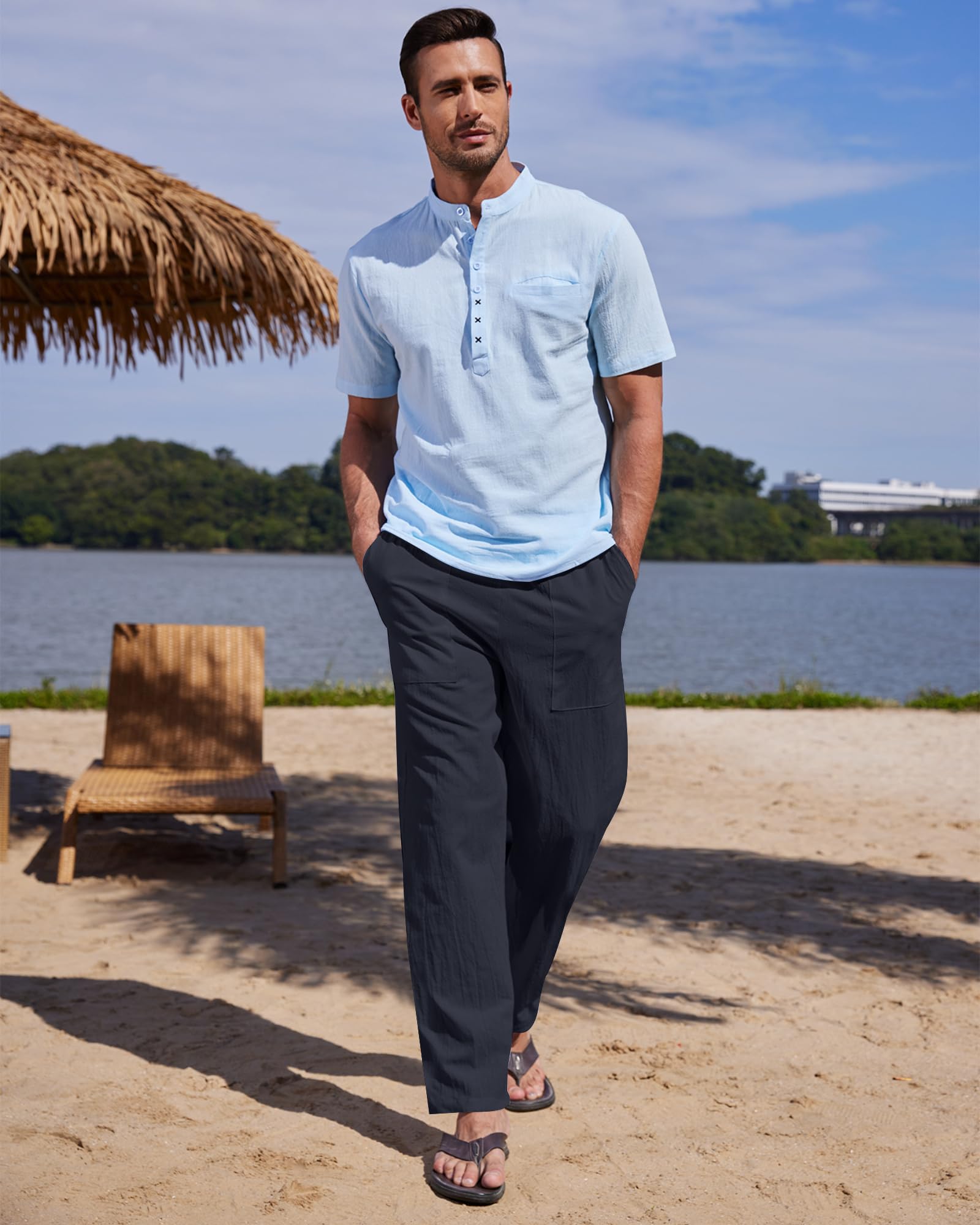 LVCBL Pantalon Homme Lin Et Coton Décontracté Pantalon Toile Été Yoga Homme Léger Taille Elastique M-3XL
