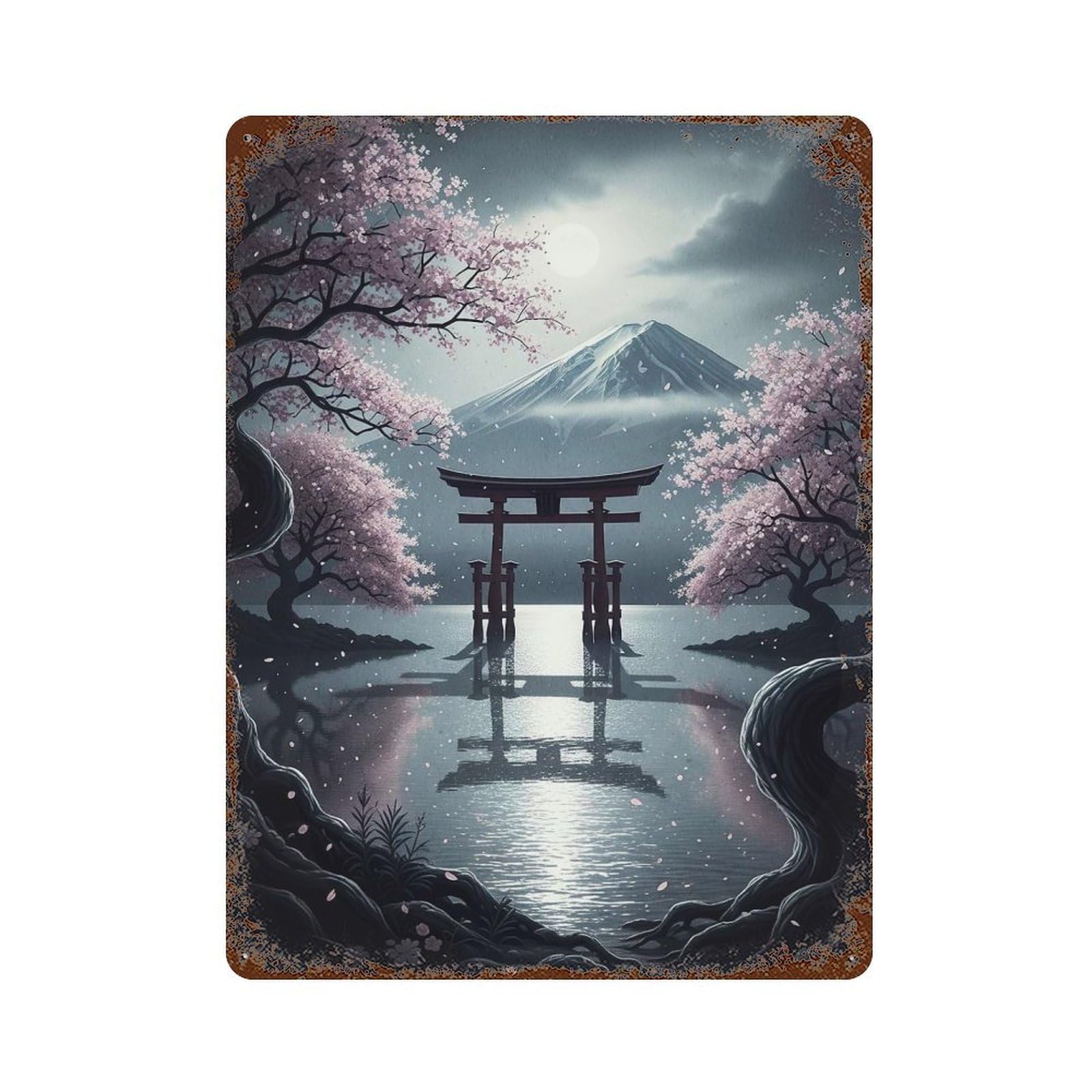 Mount Fuji Torii Gate Landscape Weathered Tin Sign 15.7"x11.8", Ideal for Shed, Workshop And Garage Wall Decor