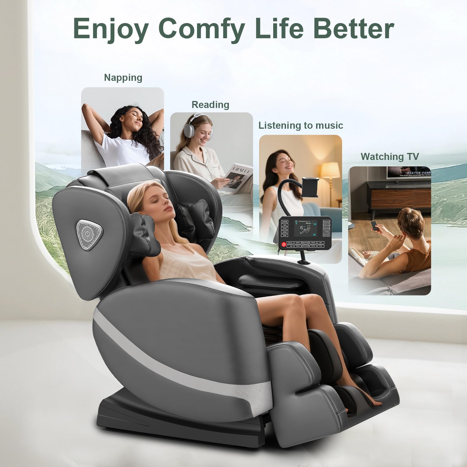 FURNIMAT Poltrona massaggiante, Poltrone massaggianti reclinabili per tutto il corpo con scaldagambe e vita, rulli per i piedi, 10 rulli massaggianti, altoparlante Bluetooth, controller touch screen