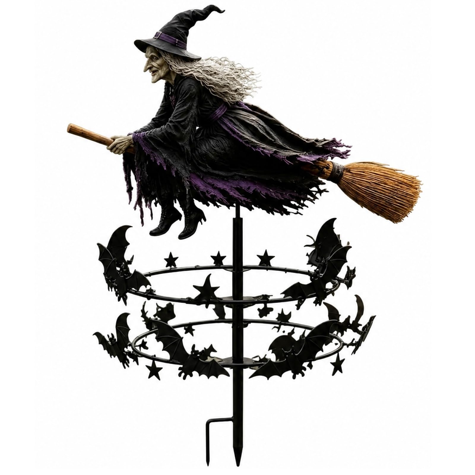 Enchanted Witch Metal Wind Spinner Halloween Yard Art Decor, with Ground Stake, Outdoor Garden Lawn, Patio Pathway Ornament, Flying Witch Windmill, Gothic Fall Decor Gifts (1)