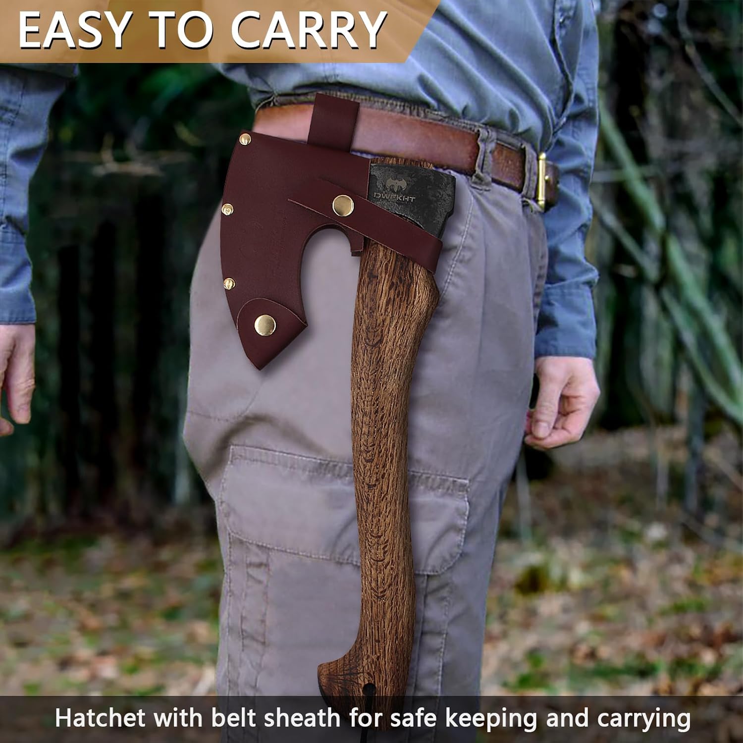 Hatchet, 15.7" Camping Axe with Leather Sheath, Bushcraft Axe with 1065 Carbon Steel & Beech Handle, Survival Hatchet for Wood Splitting and Chopping - Perfect for Gardening and Outdoor