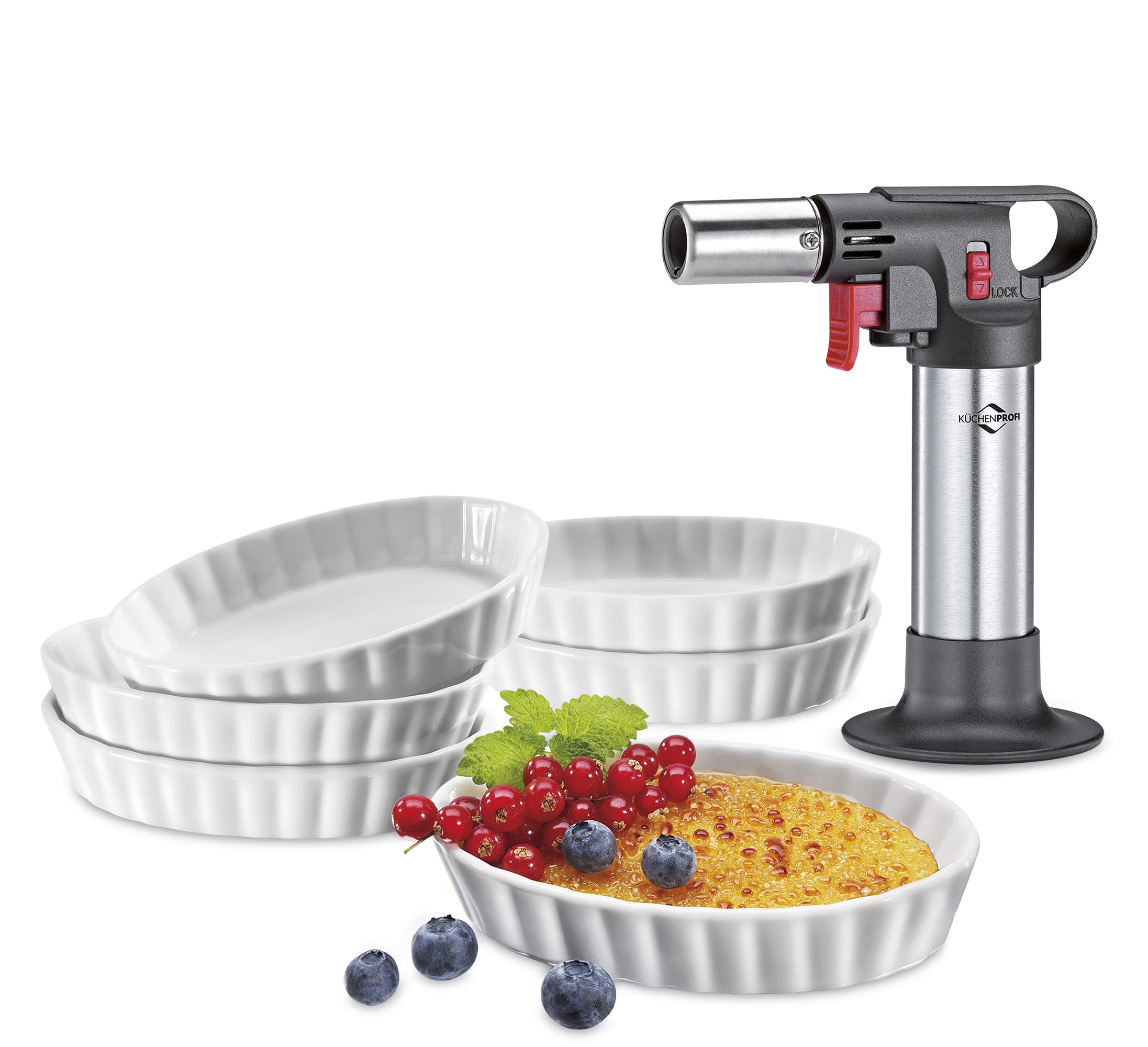 Küchenprofi Crème Brûlée-Set DELUXE, 7-teilig | 1x Flambierbrenner | 6x Schälchen aus Hartporzellan (85 ml) | Backofen- & Mikrowellengeeignet | Creme Brulee Set mit Brenner und Schälchen inkl. Rezepte