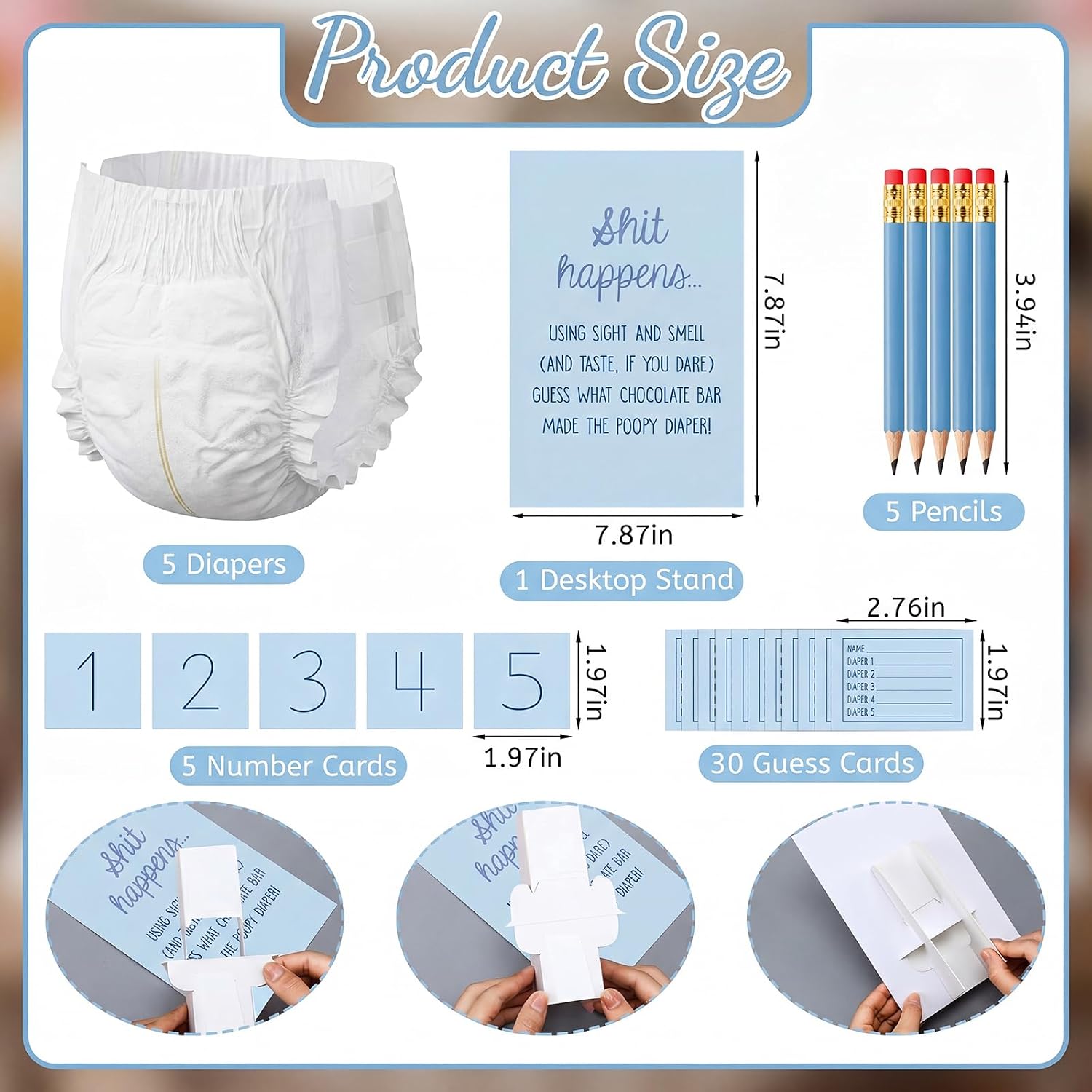 Sinload 46 Pcs Baby Shower Game Set, Dirty Diaper Game,Boy,Blue | 5 Poopy Diaper, 1 Table Sign, 35 Guess Cards, 5 Pencils, Funny Guessing Activity for Boy Baby Shower Gender Reveal