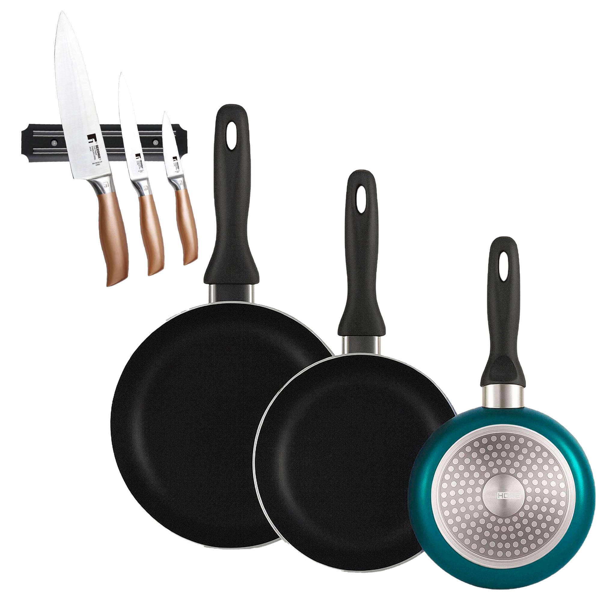 Set de 3 poêles Ø16Ø20Ø24 cm et lot de couteaux acier inoxydable aimantés