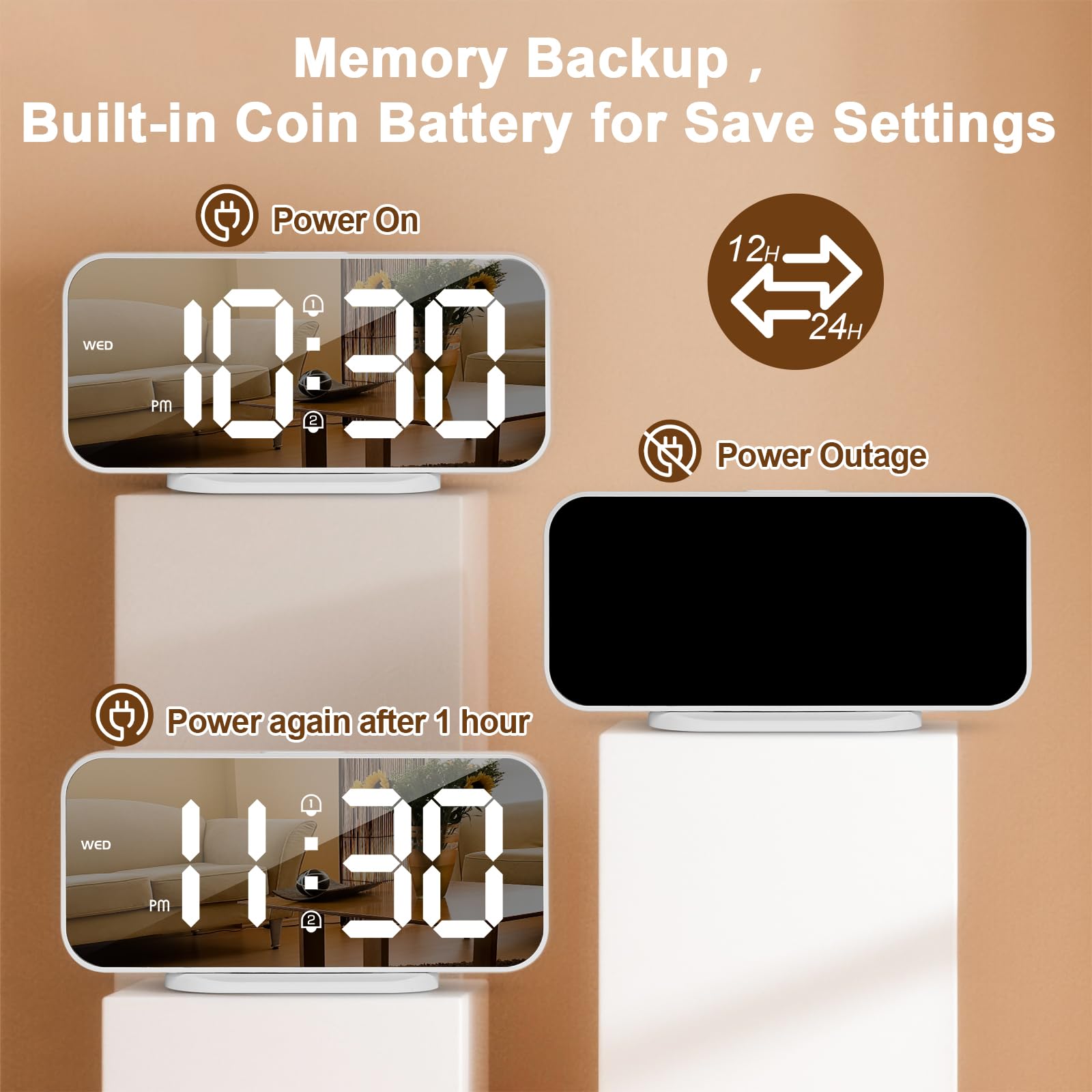 ALANAS Reloj despertador digital estético, pantalla de espejo grande con puertos de carga USB duales, alarmas duales, repetición, regulador ajustable de 4 niveles, para dormitorio, oficina, escritorio