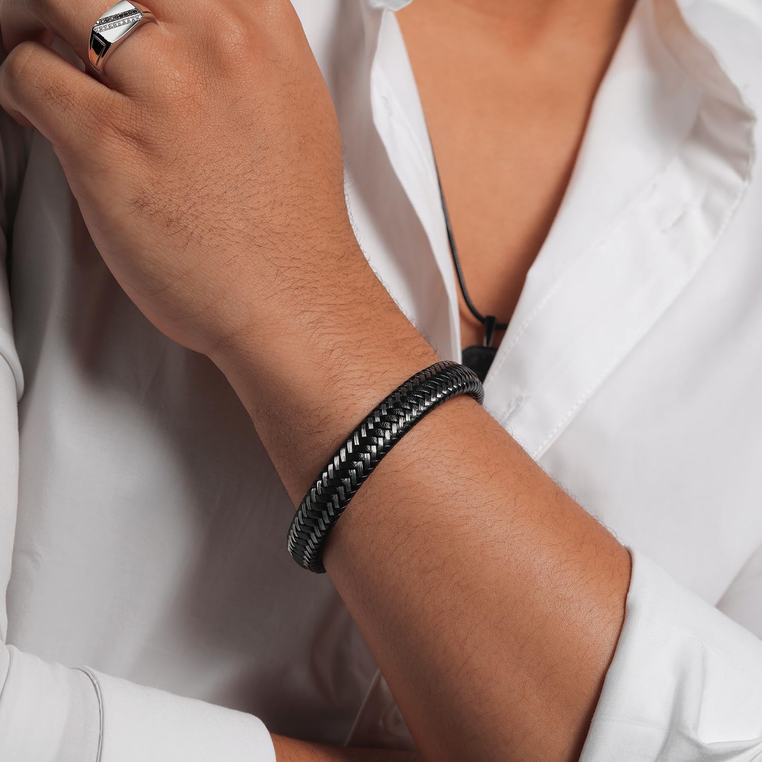 Gem Stone King Stainless Steel and Black Leather Bracelet For Men | 8.5 Inch | 11mm Width | Secure Clasp