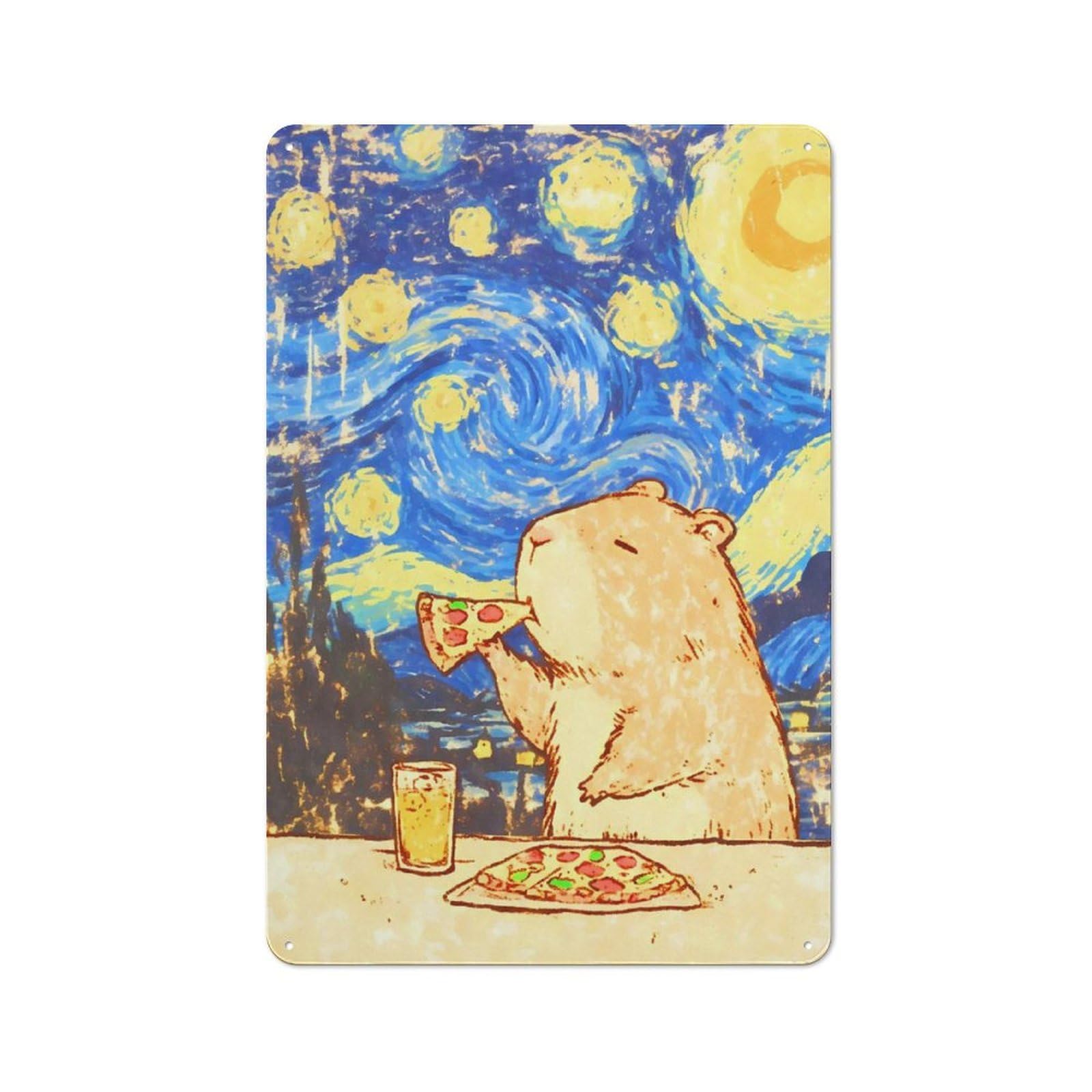 Junmoney Kawaii Capybara Eating Pizza Tin Wall Plaque 30X20cm With For Dining Room Or Kitchen, For Collectors Decorating Kitchens And Dining Spaces