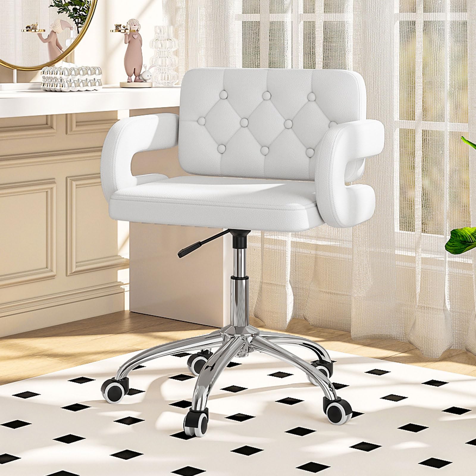 Swivel Office Chair, Faux Leather Height Adjustable Ergonomic Desk Chair, Vanity Chairs Lumbar Support and C-Armrests for Office Bedroom Living Room, White