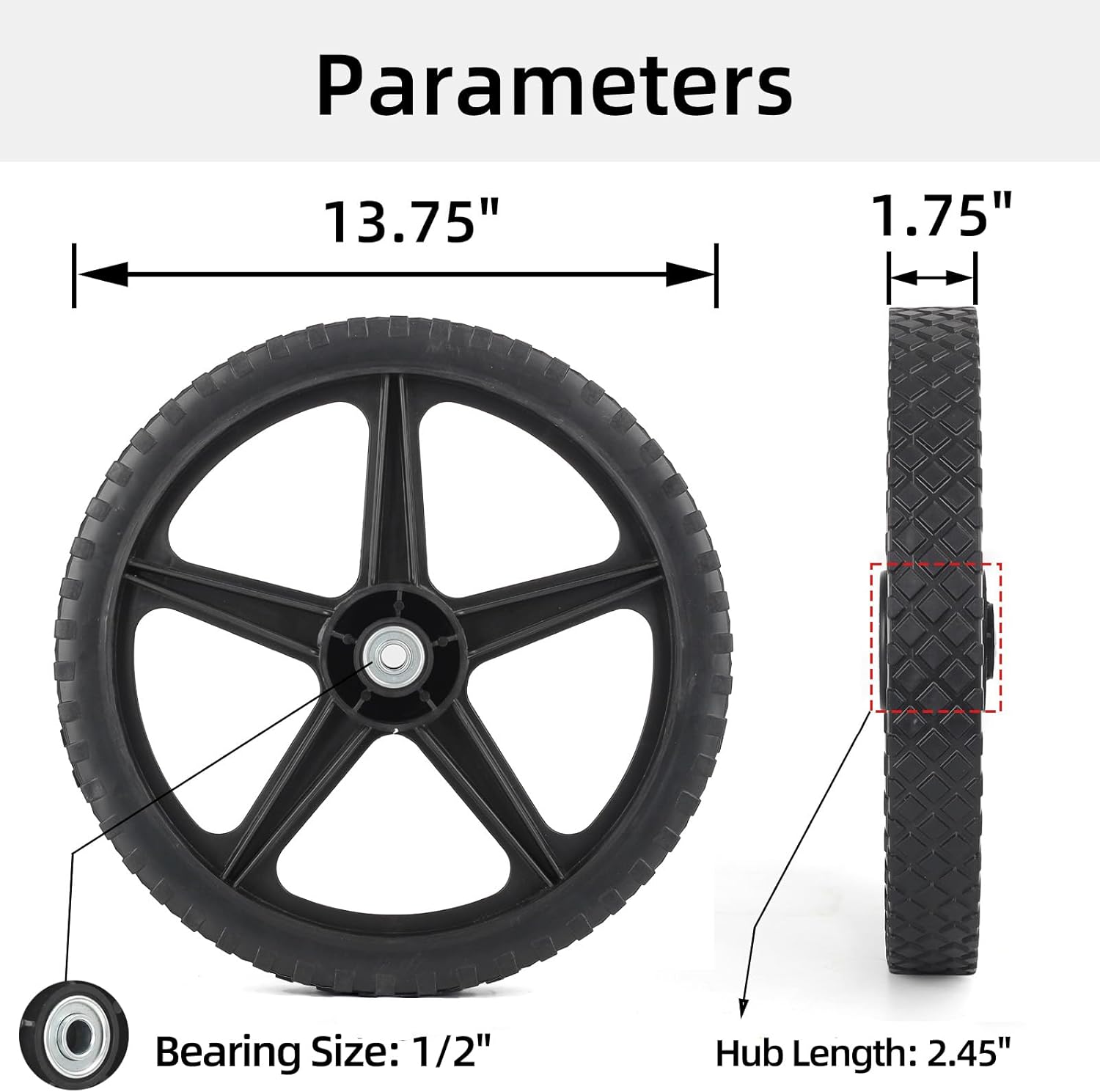 GICOOL 14 x 1.75'' Spoked Plastic Wheel and Tire, 2.45" Hub Length, 1/2" Inside Bearing, Universal Replacement Wheel for Lawn Mowers and DIY Trolley Wagon Cart, 2 Pack