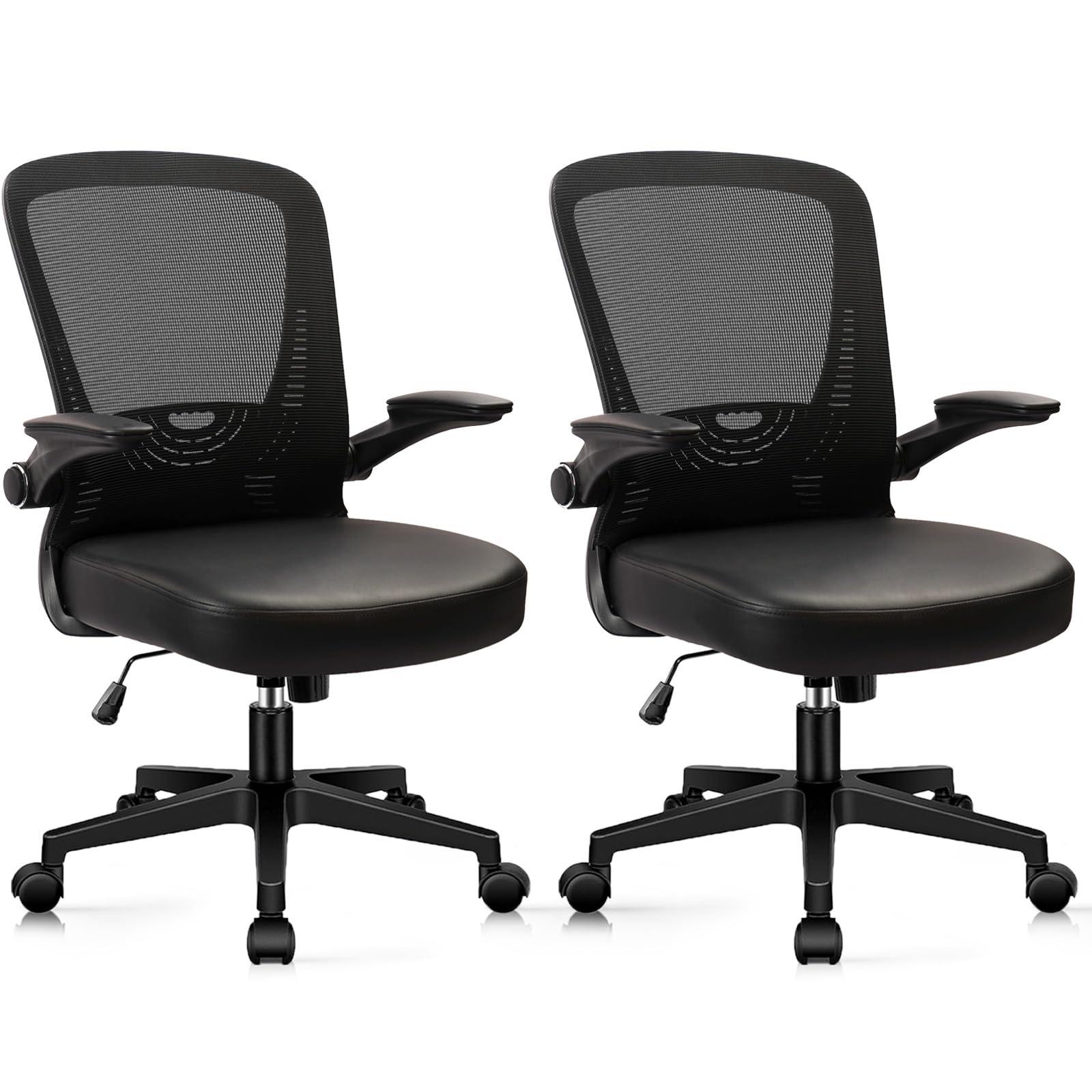 CLATINA Desk Chairs with PU Leather Seat, Flip Up Arms Ergonomic Mesh Back Office Chair with Lumbar Support, Adjustable Height Swivel Rolling Computer