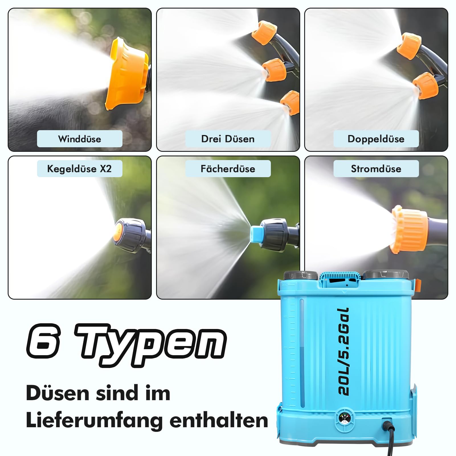Akku Drucksprüher 20L, Rückenspritze Akku Kompatibel Mit 18V, 5,5 Bar Drucksprüher Mit 6 Nebeldüsen,Ladegerät, Teleskopstab, Schultergurt, Akku Für Gartenbau, Landwirtschaft Und Unkrautbekämpfung